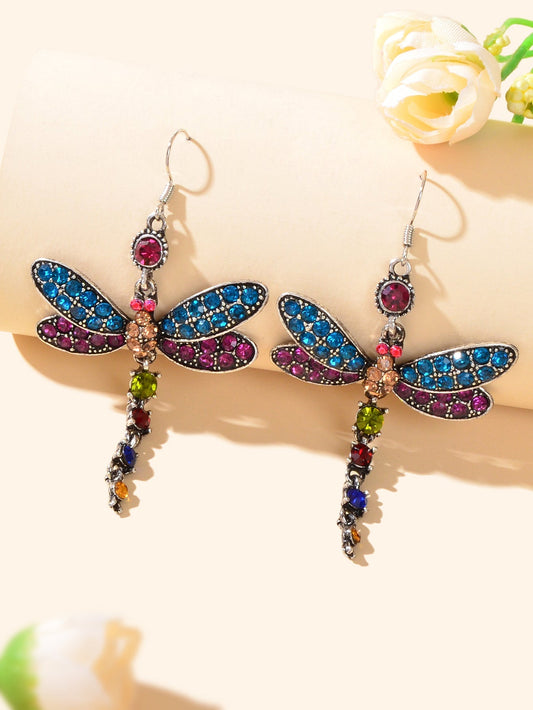 Luxury Jewellery Colorful Rhinestone Dragonfly Long Pendant Dangle Gift Earrings Feelontop Jewellery