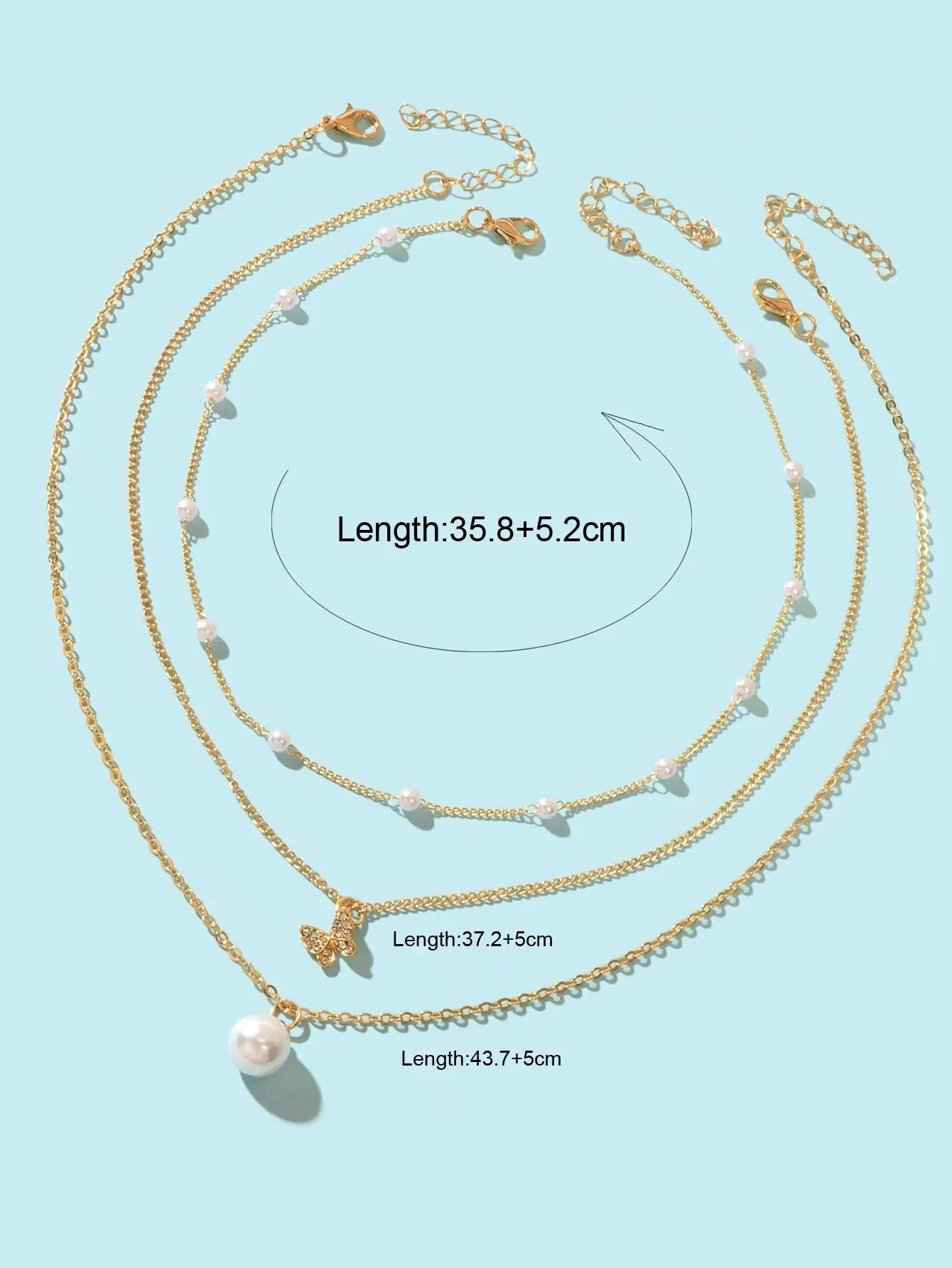 3 pcs Exquisite Pearl Rhinestone Gold Chain Layered Butterfly Pendant Necklace Feelontop Jewellery