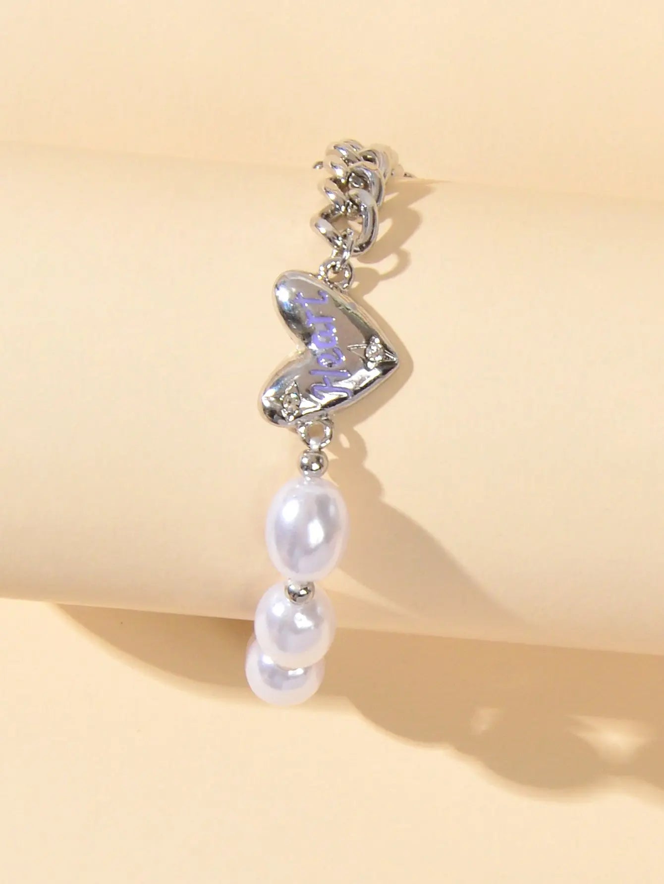 Retro Silver Pearl Beads Chain Letter Love Heart Charm Bracelet Textured Jewelry Feelontop Jewellery
