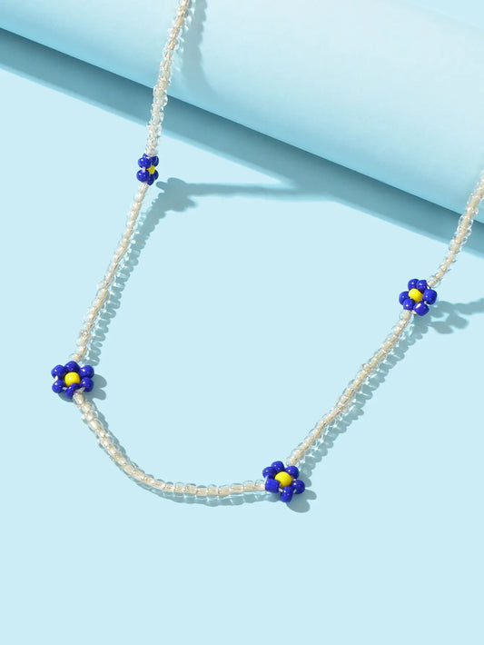 Boho Handmade Seed Beads Choker Blue Flower Collar Necklace Prom Party Jewellery Feelontop Jewellery