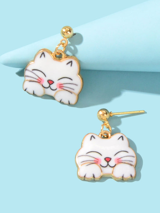 Lovely White Enamel Pet Animal Dangling Charm Earrings Girls Dainty Cat Jewelry Feelontop Jewellery