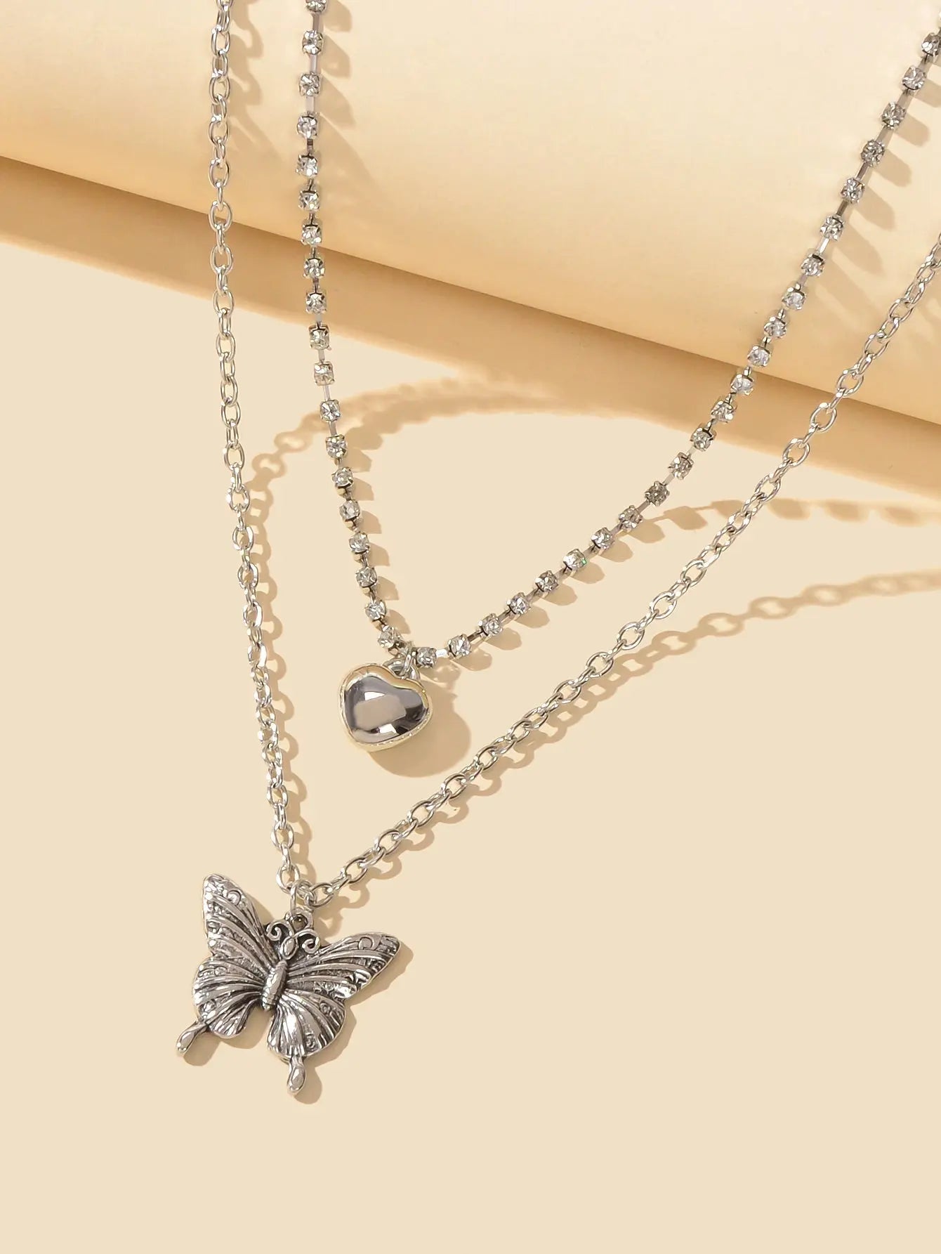 2 pcs Multiple Layered Rhinestone Chain Silver Heart Carved Butterfly Necklace Feelontop Jewellery