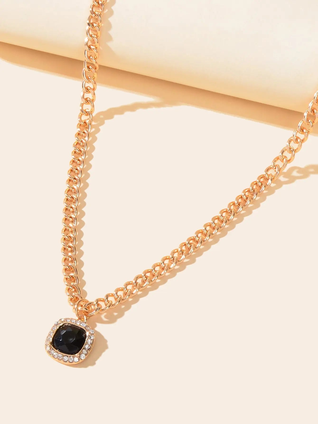 Exquisite Gold Chain Rhinestone Decor Black Square Pendant Women Dinner Necklace Feelontop Jewellery