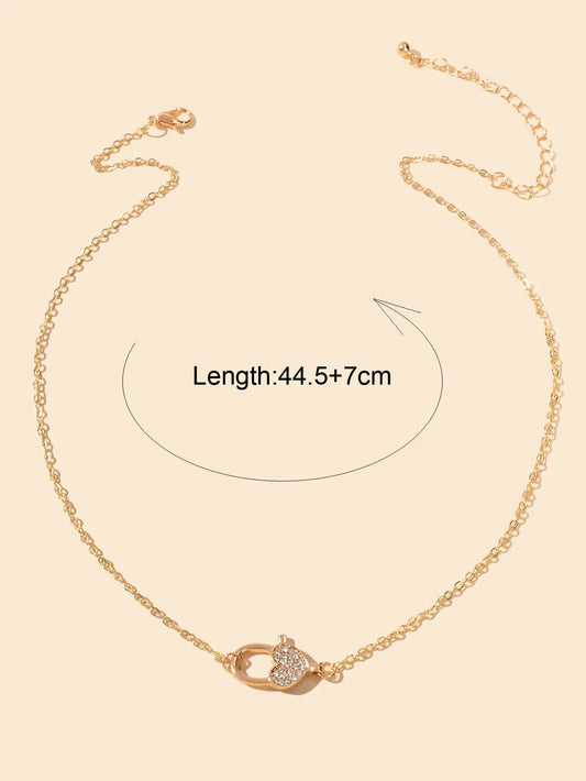 Engagement Jewellery Gift Gold Chain Rhinestone Decor Heart Lock Charm Necklace Feelontop Jewellery