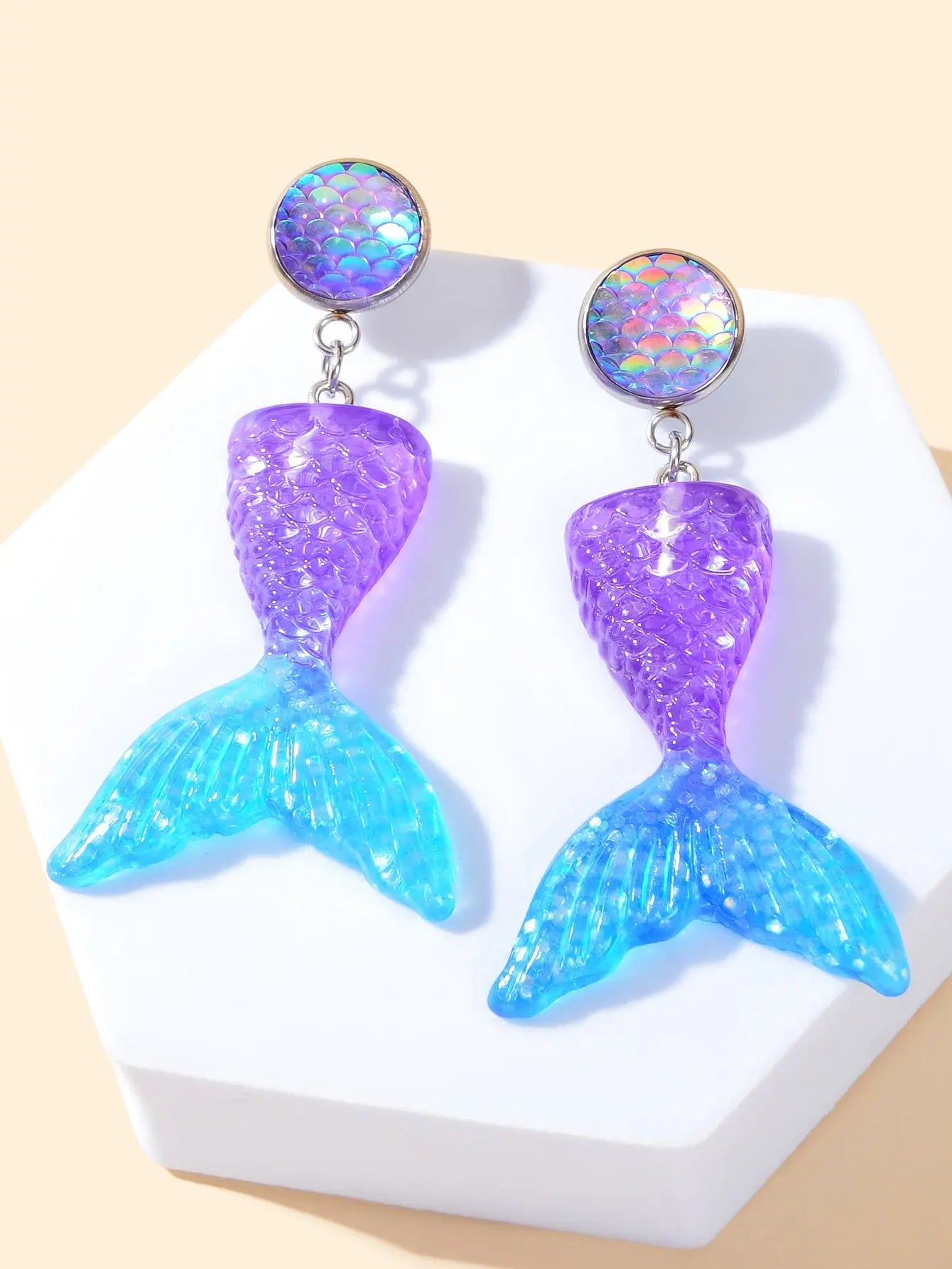 Sparkling Purple Blue Resin Mermaid Fish Tail Pendant Earrings for Women Holiday Feelontop Jewellery