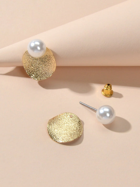 Gold Plated Retro Designer Jewellery Pearl Decoration Disc Stud Pierced Earrings Feelontop Jewellery