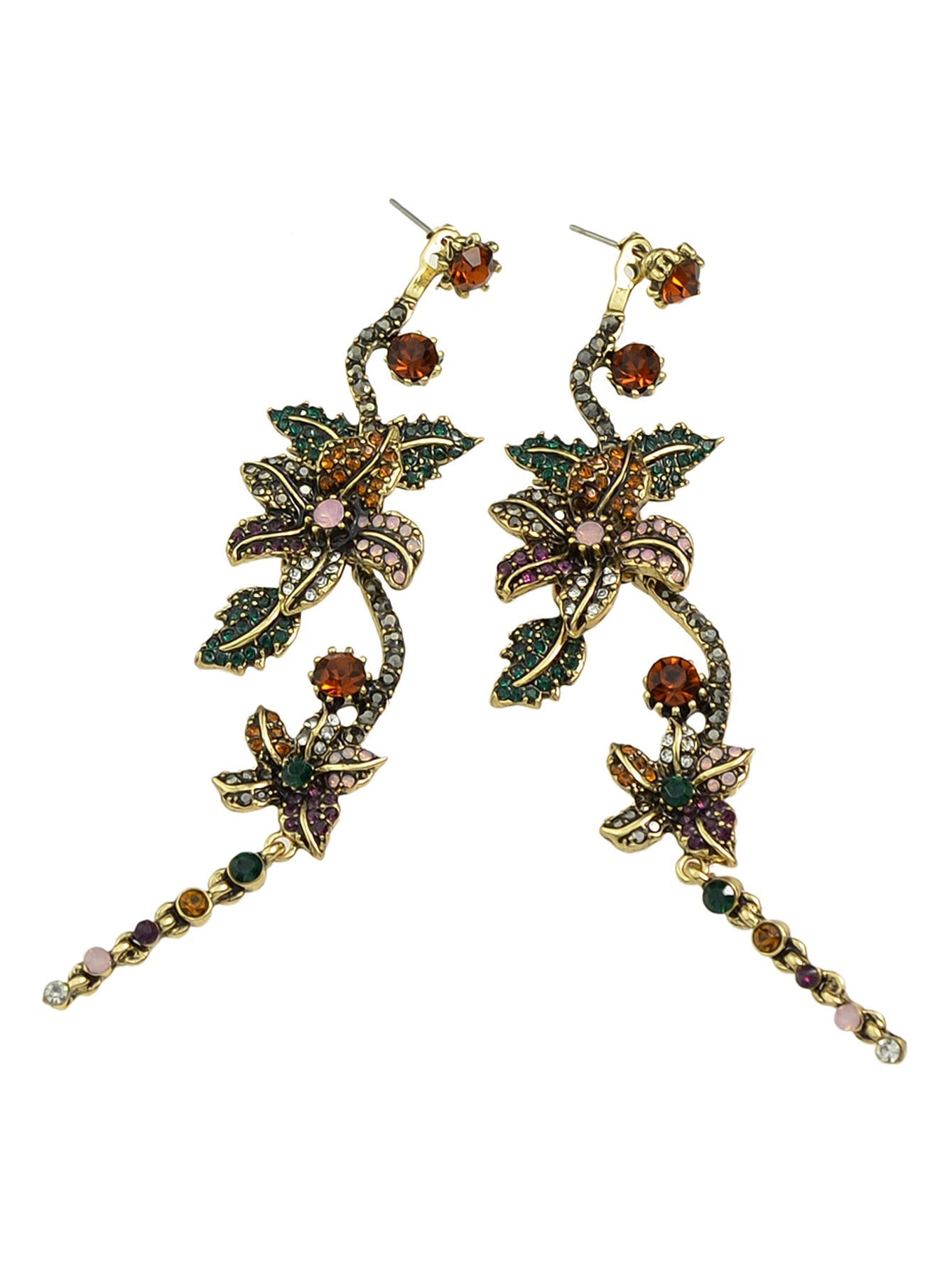 Vintage Luxurious Colourful Rhinestone Antique Gold Flower Long Pendant Earrings Feelontop Jewellery
