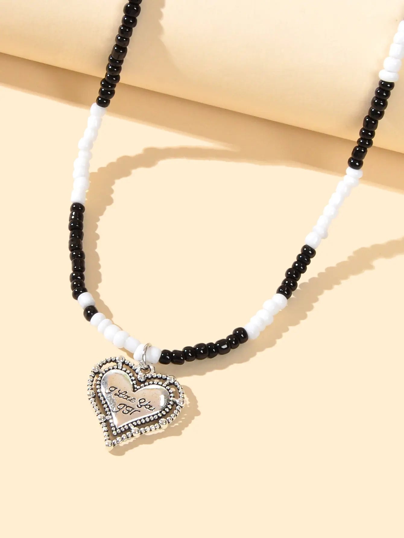 Handmade White Black Beads Chain Silver Letter Pattern Heart Charm Necklace Gift Feelontop Jewellery