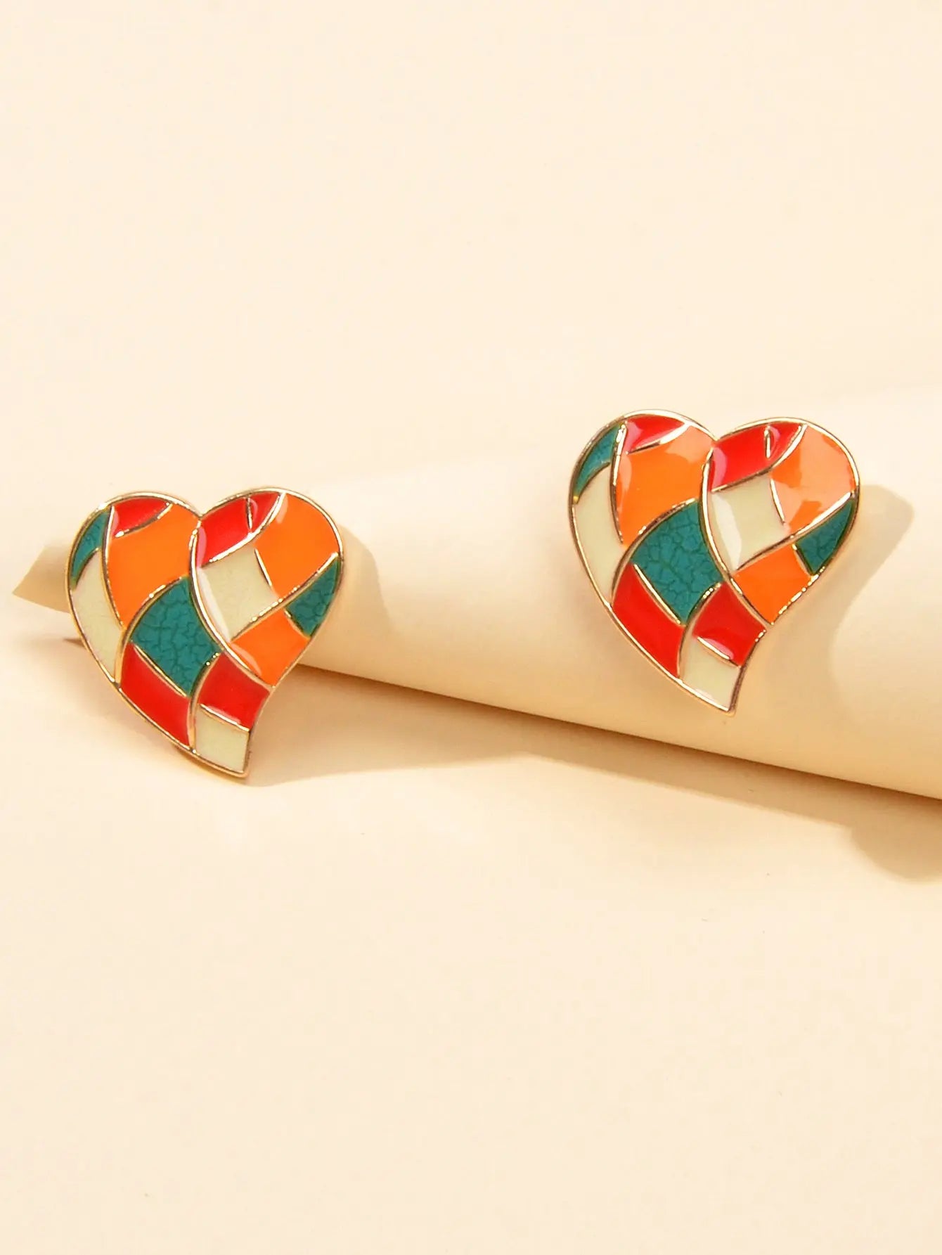 Candy Color Enamel Checkerboard Love Heart Stud Earrings Retro Trendy Accessory Feelontop Jewellery