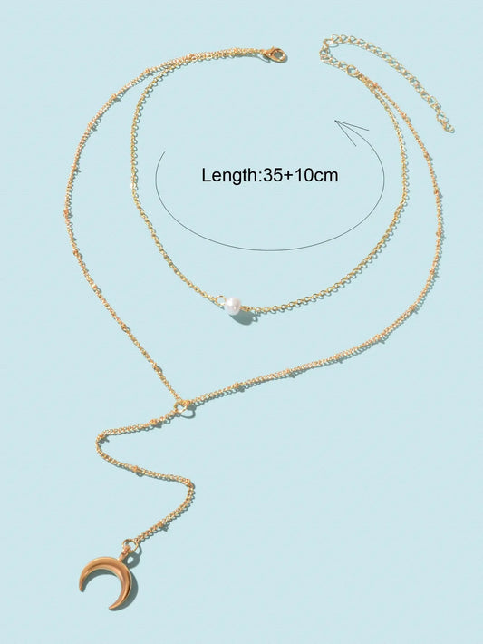 Fashion Jewellery Double layer Gold Chain Lariat Y Style Moon Pendant Necklace Feelontop Jewellery
