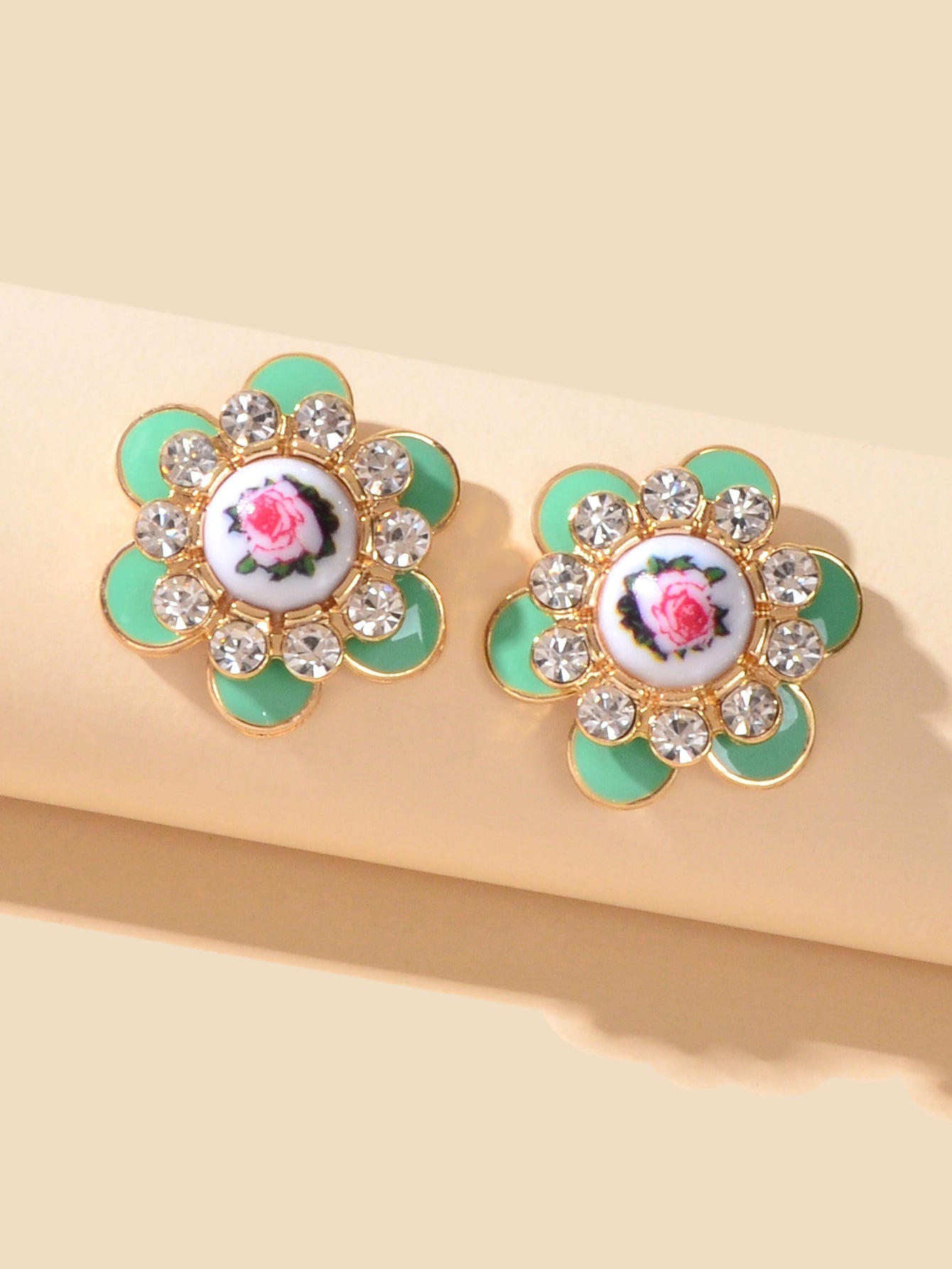 Bohemian Ethnic Rhinestone Decoration Green Enamel Flower Stud Festival Earrings Feelontop Jewellery