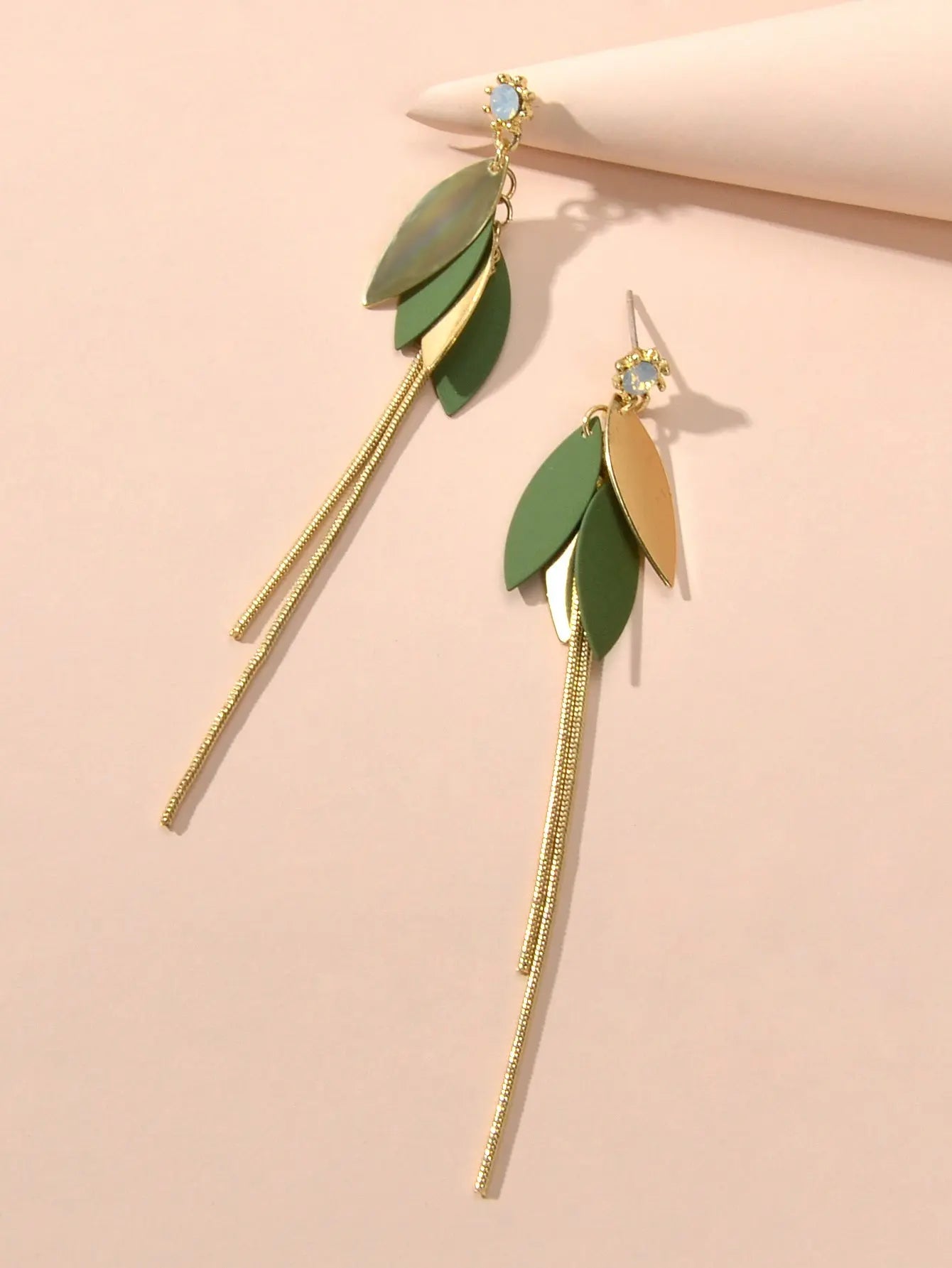 Female Jewellery Gold Green Leaf Long Chain Dangle Pierced Charm Women Earrings Feelontop Jewellery