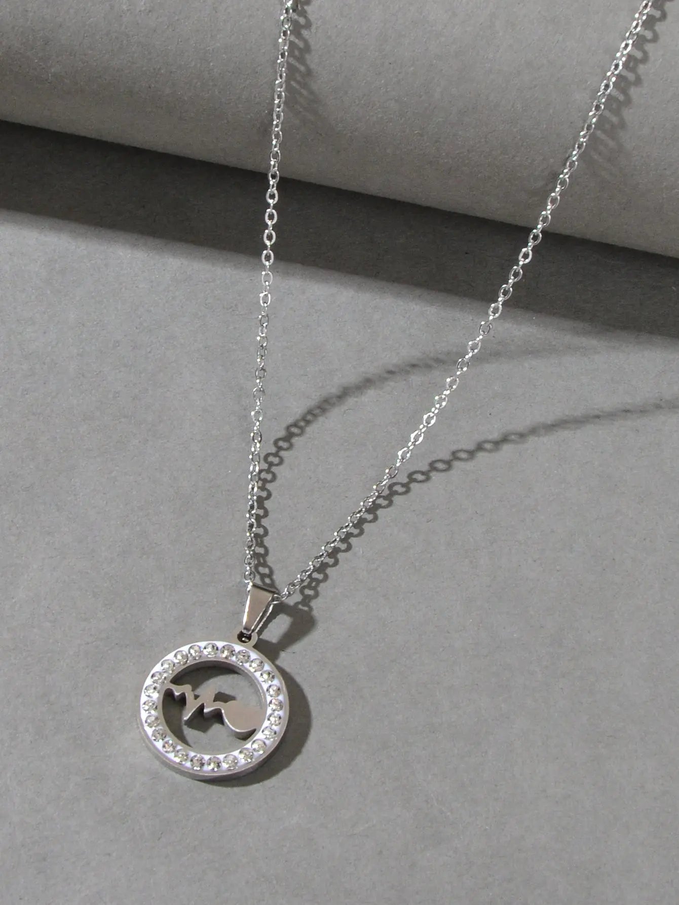 Silver Stainless Steel Rhinestone Decoration Circle Electrocardiogram Necklace Feelontop Jewellery