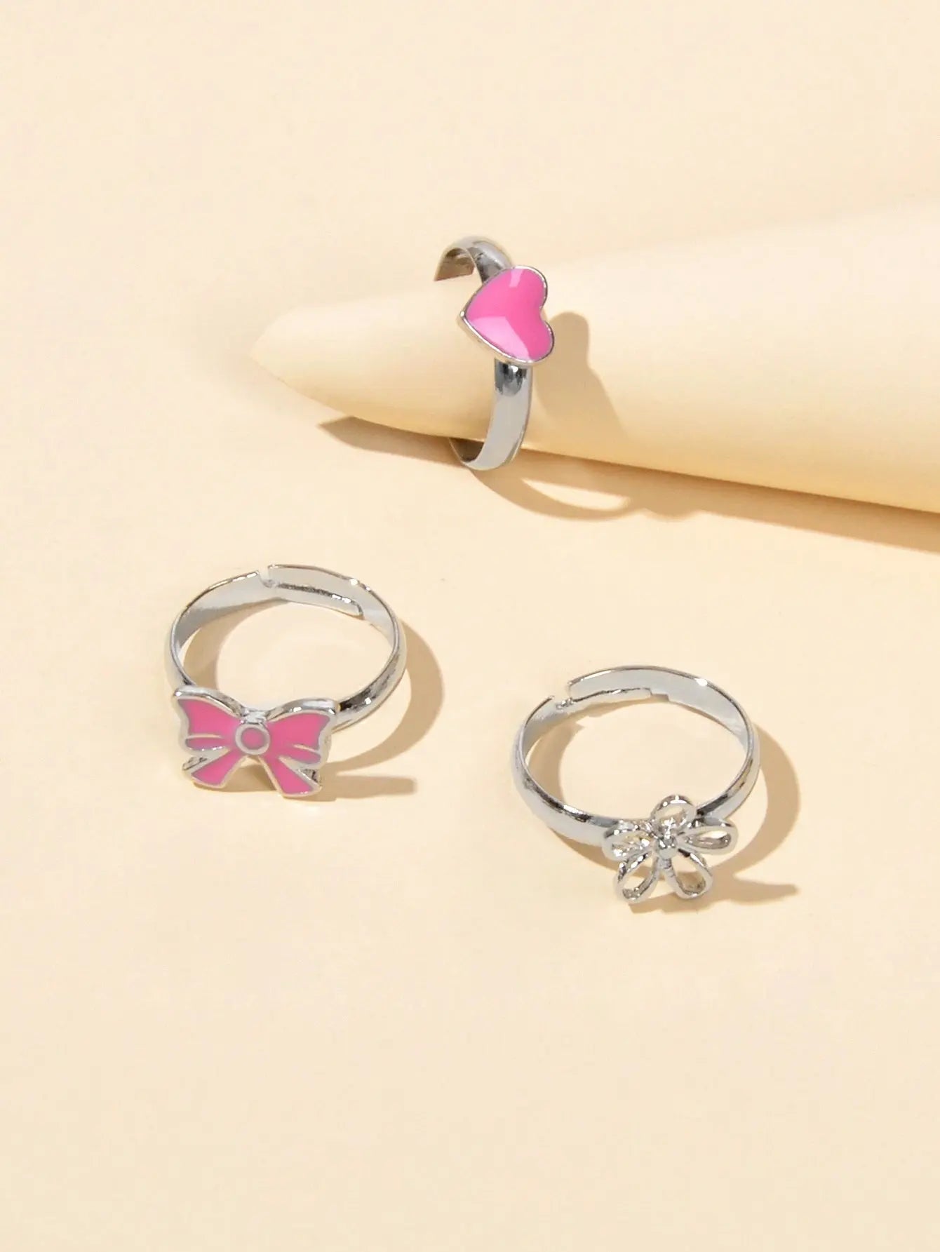 3 pcs Pink Heart Bowknot Trendy Silver Flower Multiple Cuff Finger Ring Set Gift Feelontop Jewellery