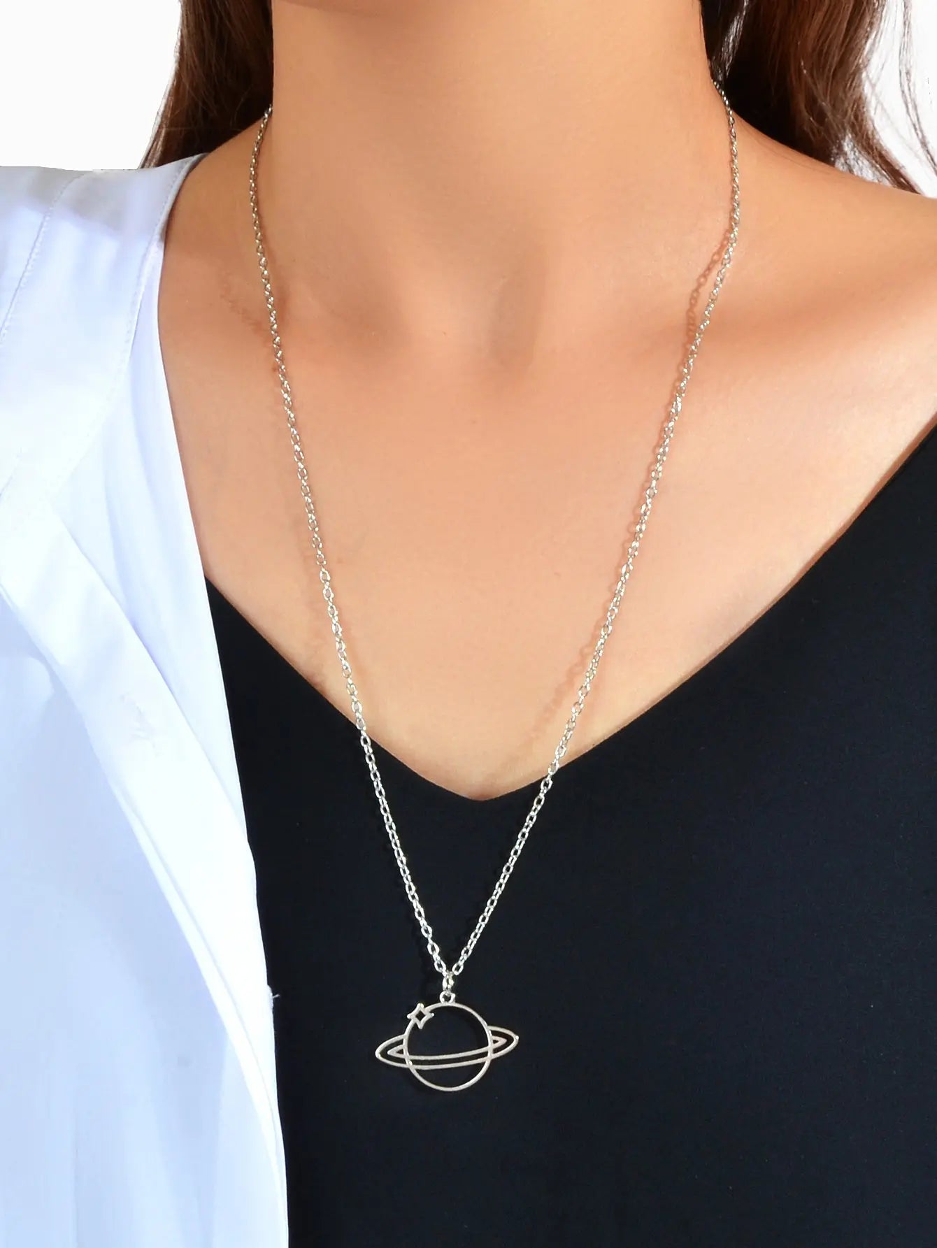 Trendy Jewellery Silver Long Chain Space Planet Charm Necklace Accessories Gift Feelontop Jewellery
