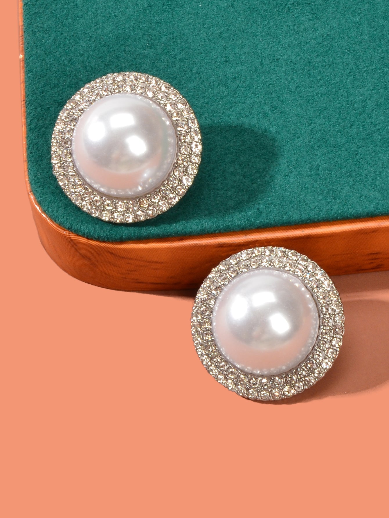 Luxurious Rhinestone Big Pearl Decor Round Stud Earrings Wedding Bridal Jewelry Feelontop Jewellery