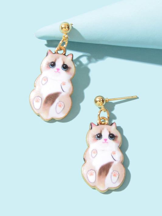 Lovely White Enamel Cat Charm Pierced Earrings Dainty Animal Jewellery for Women Feelontop Jewellery