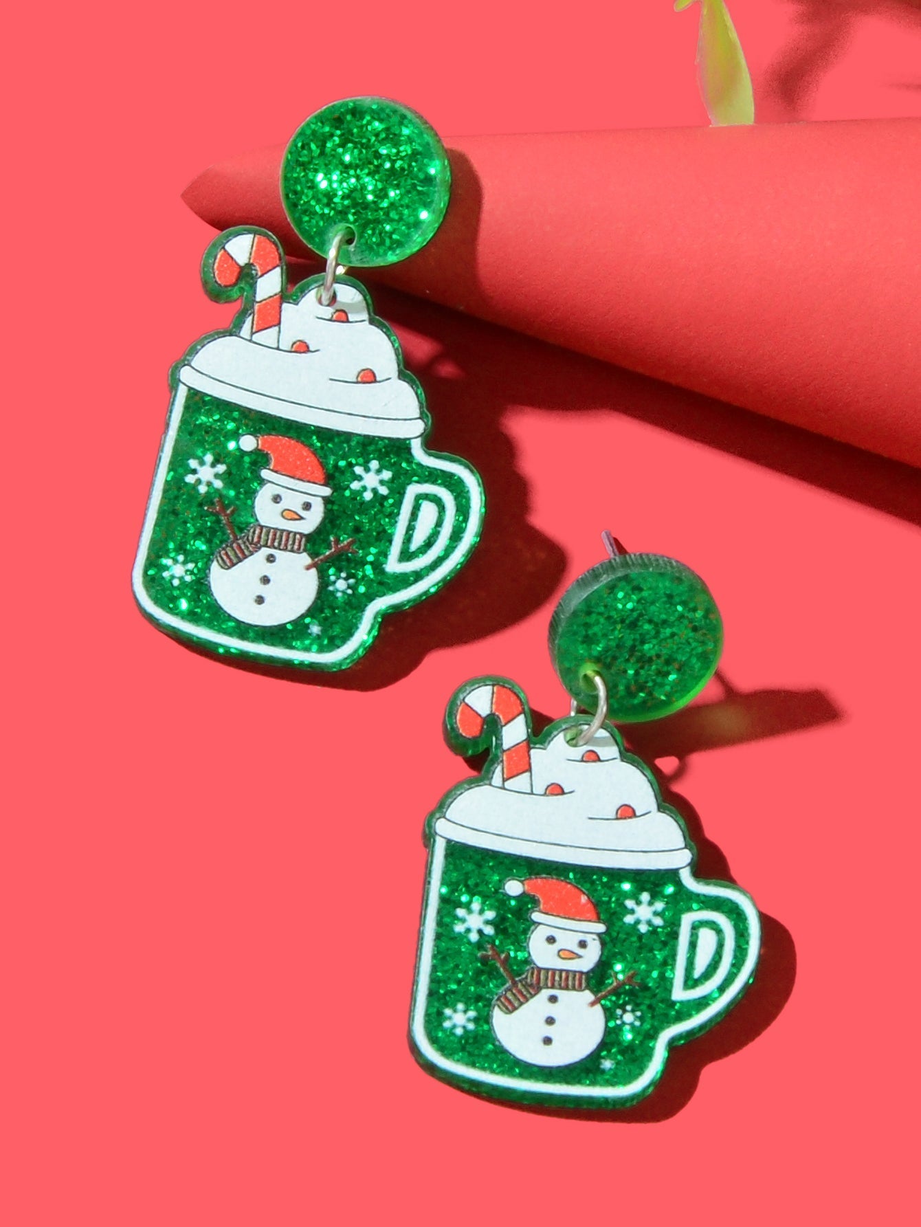 Christmas Sparkling Snowman Candy Cane Pattern Green Ice Cream Cup Earrings Gift Feelontop Jewellery