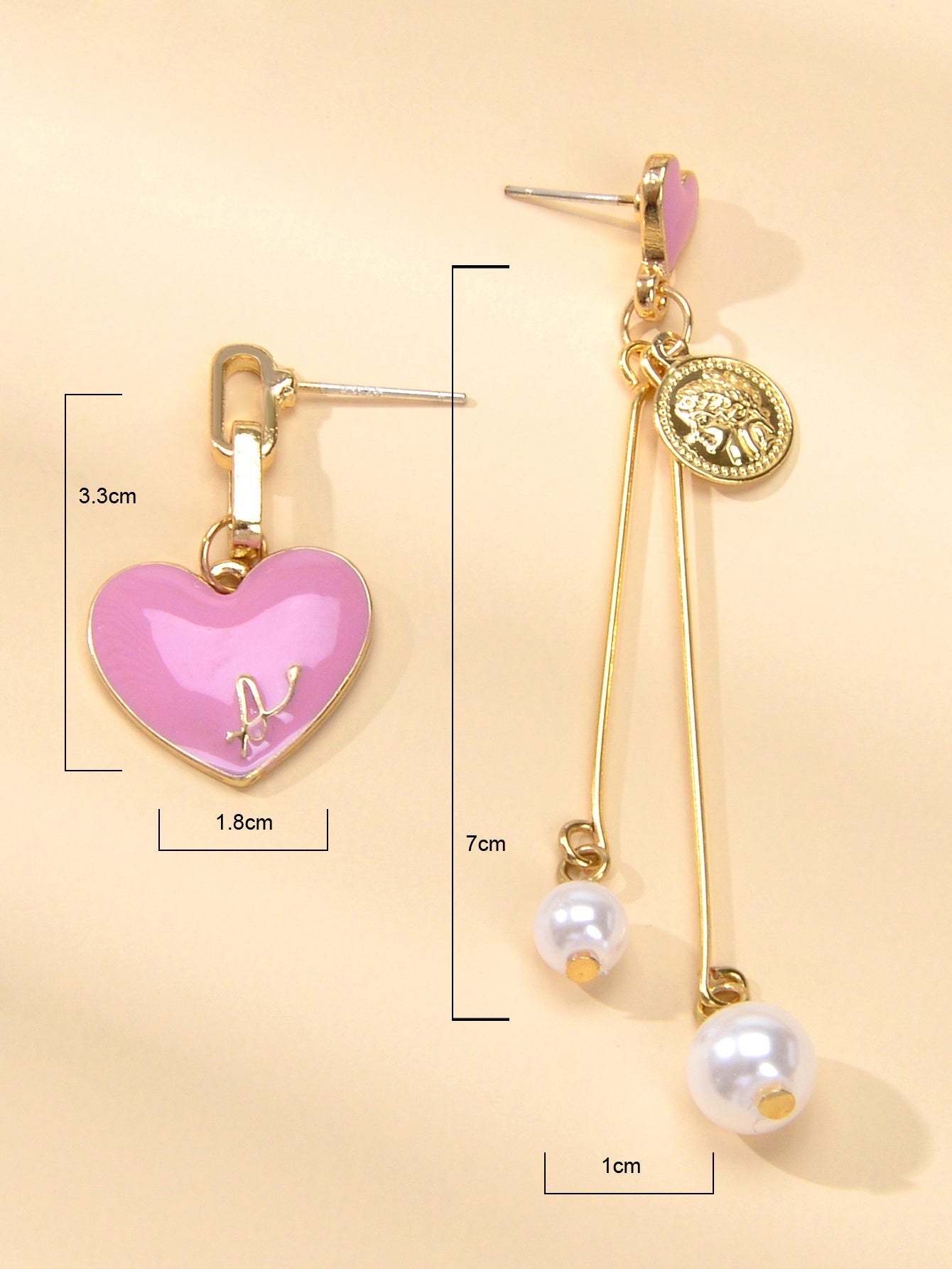 Valentine's Day Jewellery Pearl Cion Charm Pink Enamel Heart Asymmetric Earrings Feelontop Jewellery