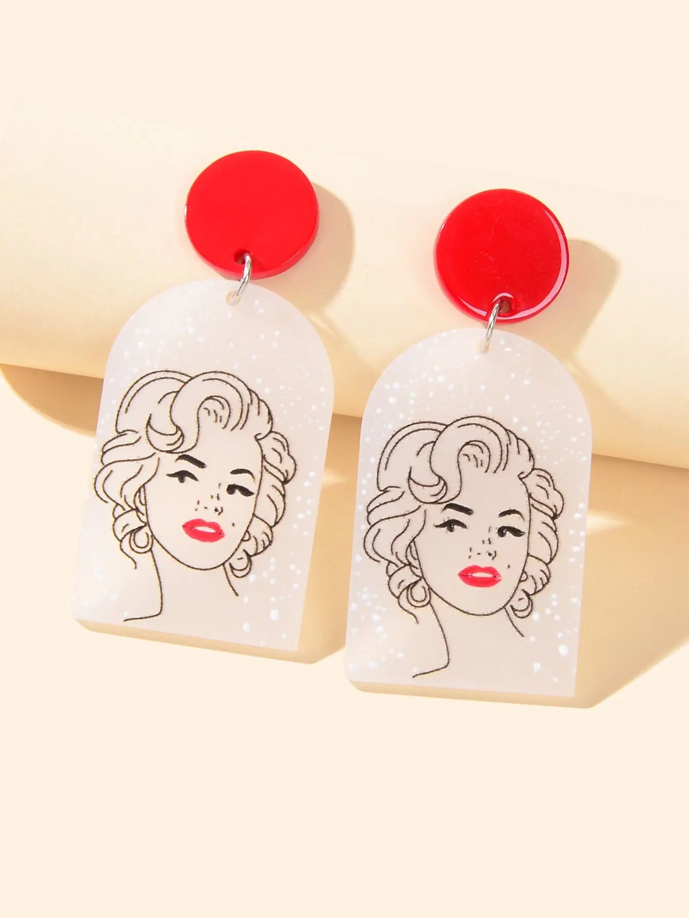 White Red Acrylic Geometric Portrait Pattern Lightweight Earrings Party Jewelry Feelontop Jewellery
