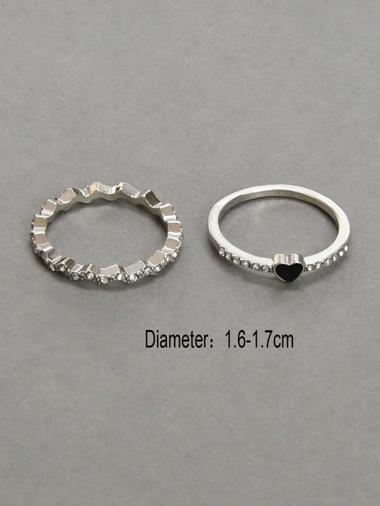 2pcs Black Enamel Heart Silver Love Rings Women Romantic Band Teen Birthday Gift Feelontop Jewellery