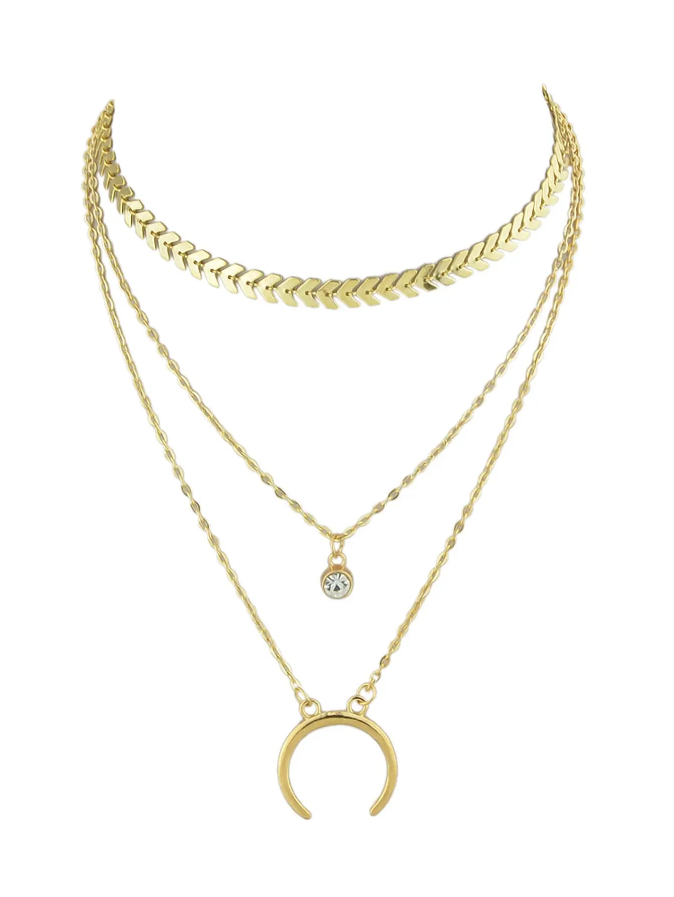 Boho Chic Jewelry Multi-layer Gold Silver Chain Rhinestone Horns Charm Necklace Feelontop Jewellery