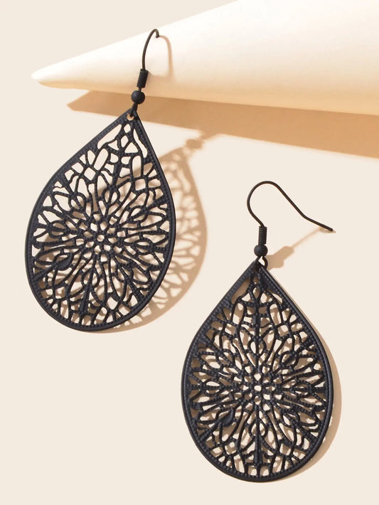 Vintage Black Flower Pattern Hollow Water Drop Earrings Trendy Women Accessories Feelontop Jewellery