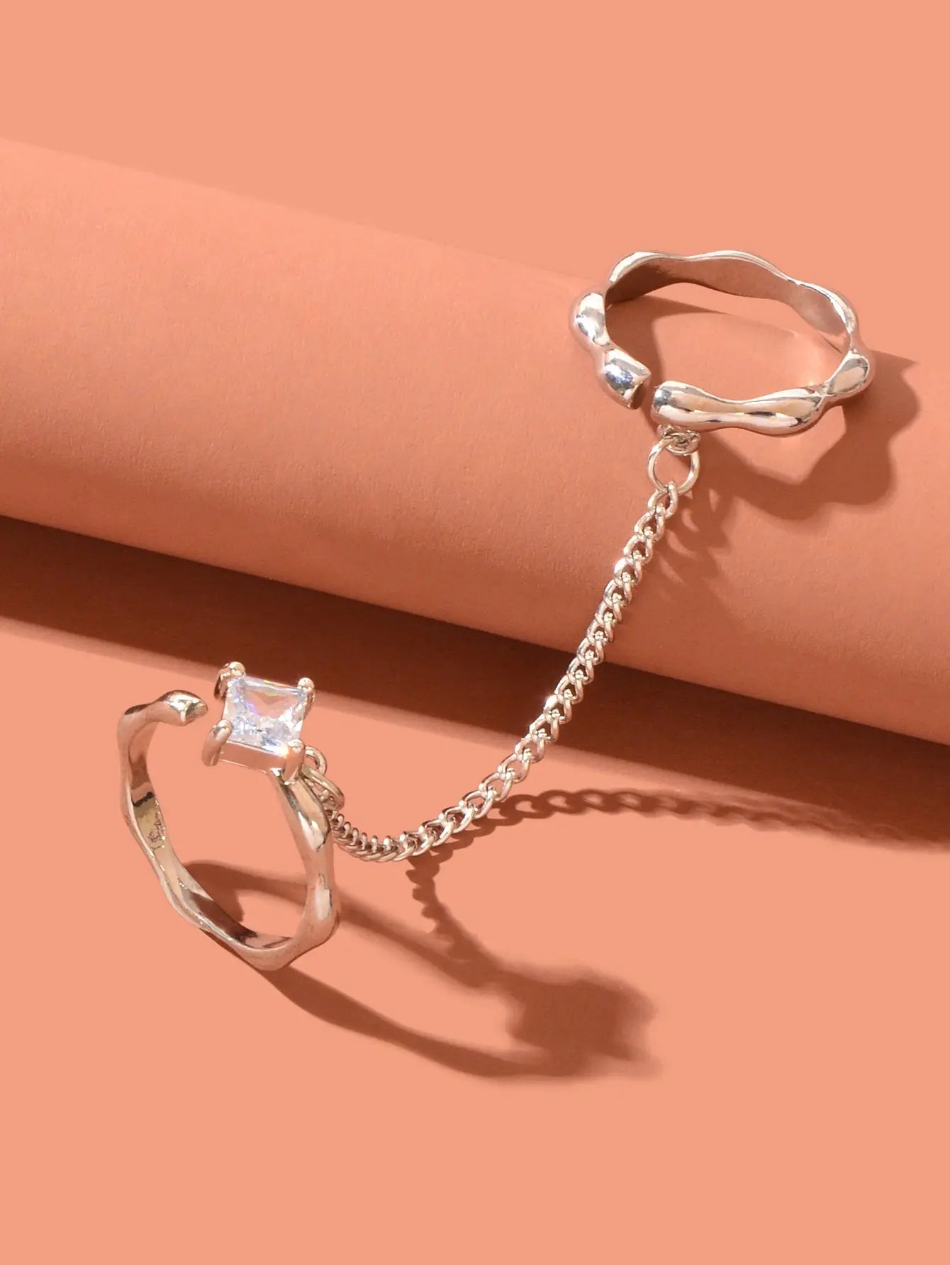 Unique Zirconia Decor Silver Double Fingers Ring with Chain Elegant Accessories Feelontop Jewellery