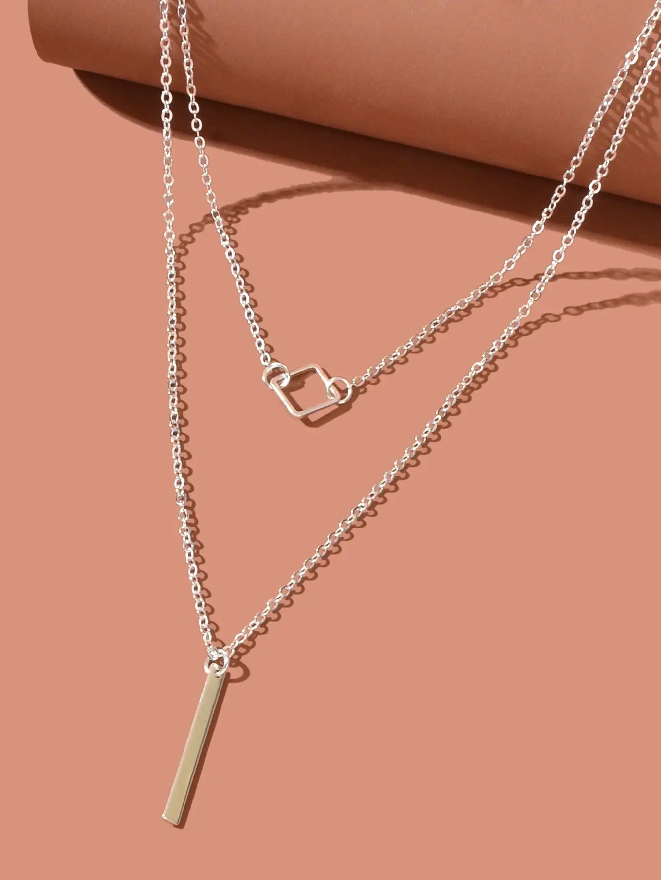 Double Layer Silver Chain Y Style Square Bar Pendant Necklace Party Accessories Feelontop Jewellery
