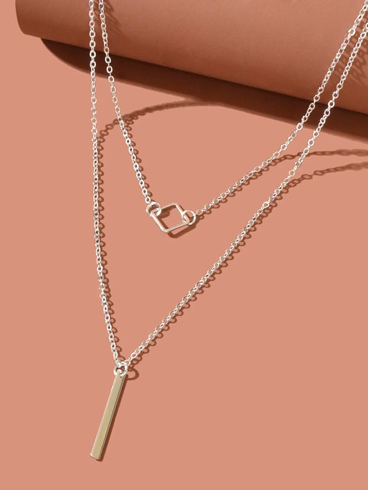 Double Layer Silver Chain Y Style Square Bar Pendant Necklace Party Accessories Feelontop Jewellery