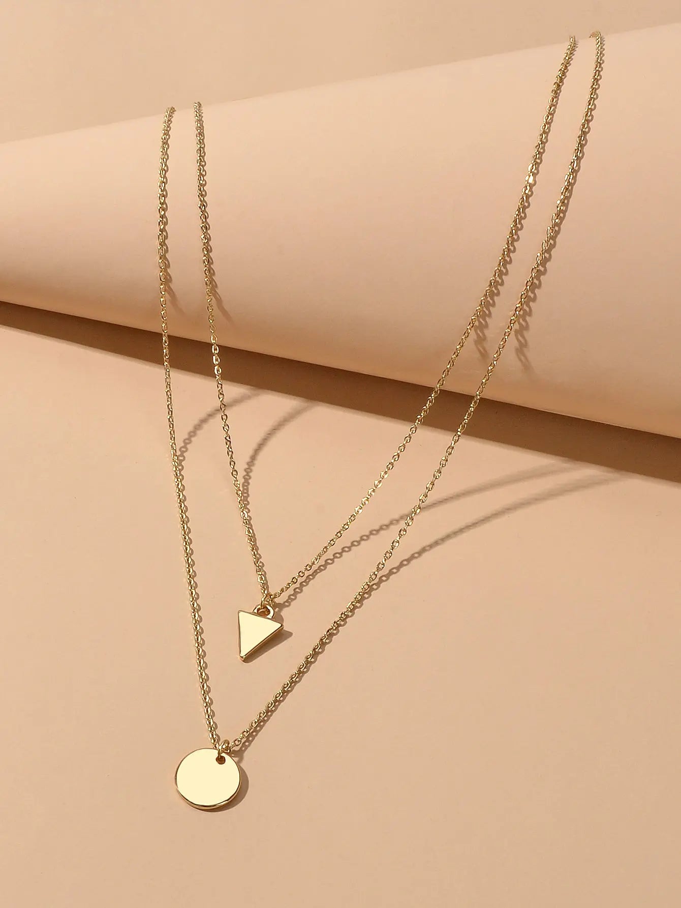 2pcs Minimalist Style Women Accessories Gold Chain Triangle Round Charm Necklace Feelontop Jewellery