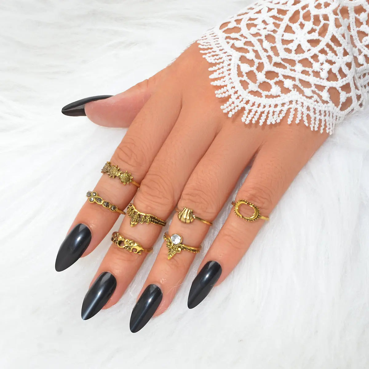 7 pcs Vintage Jewellery Oxidized Antique Gold Moon Shell Finger Ring Set Feelontop Jewellery