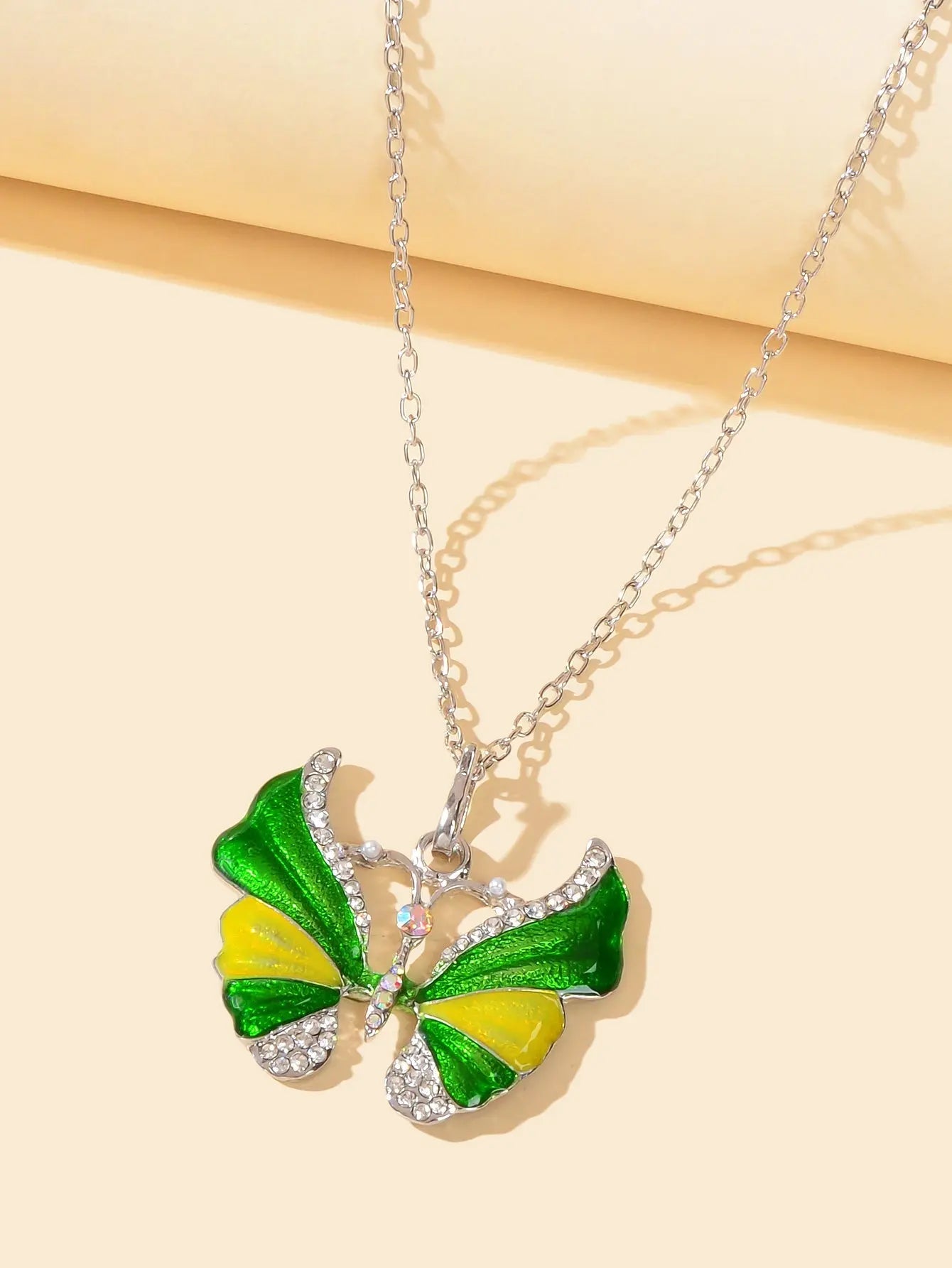 Boho Chic Silver Chain Rhinestone Blue Green Insect Butterfly Pendant Necklace Feelontop Jewellery