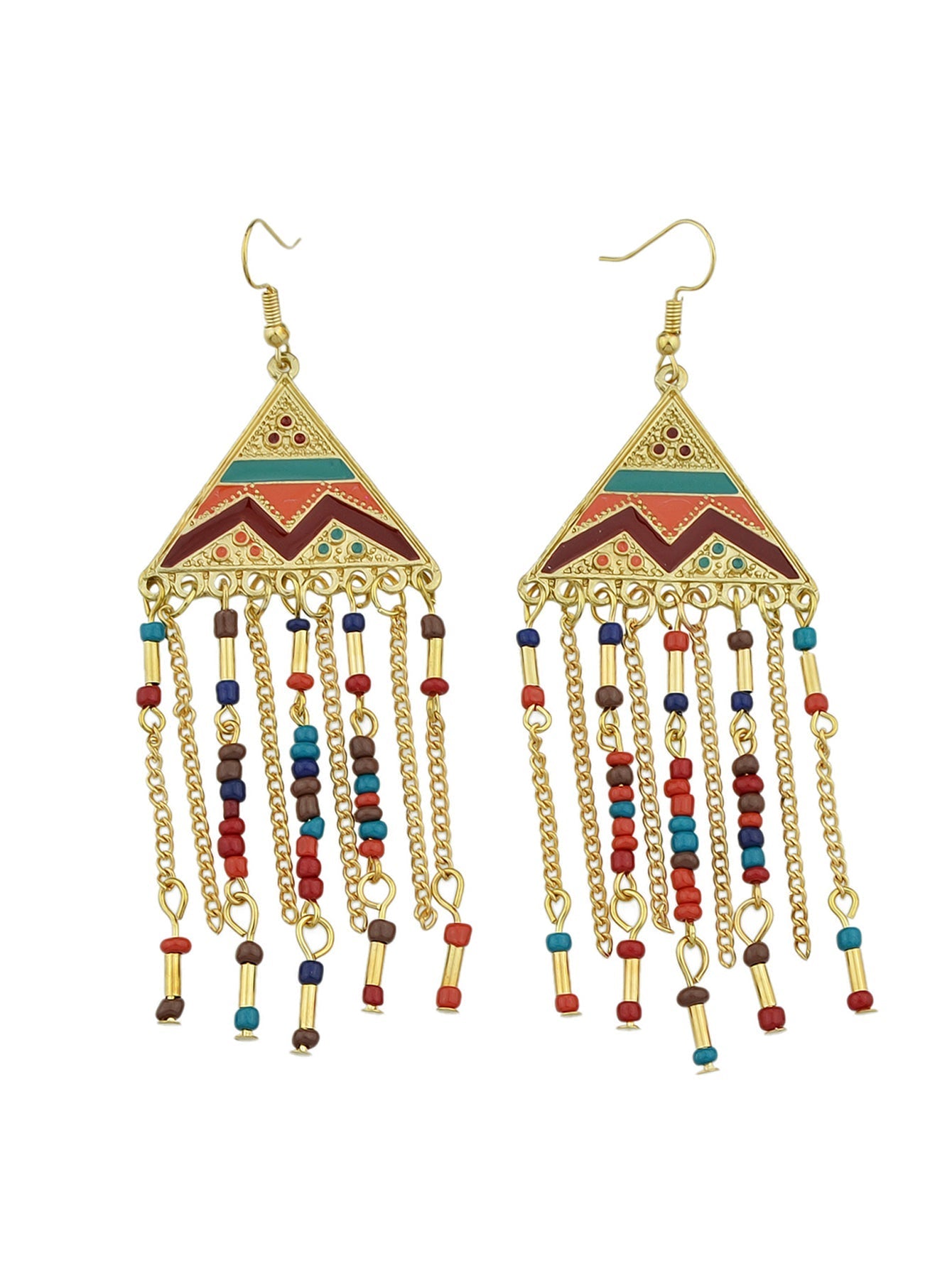 Triangle Colourful Enamel Beads Long Chain Tassel Ethnic Jewellery Boho Earrings Feelontop Jewellery