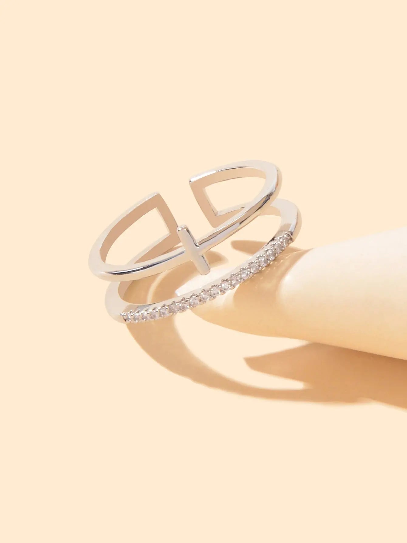 Designer Stylish Rhinestone Decor Silver Hollow out Cross Open Cuff Finger Ring Feelontop Jewellery