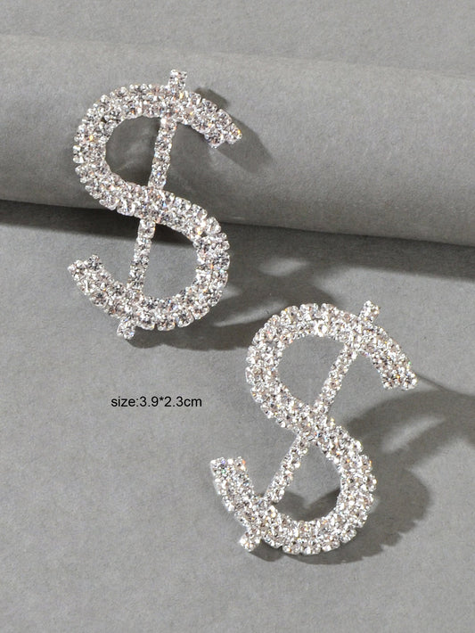 Sparkling Full Rhinestone Decoration Silver Dollar Sign Stud Earrings Lady Gift Feelontop Jewellery