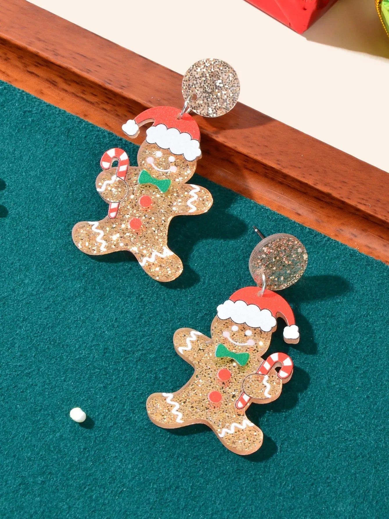 Christmas Gift Sparkling Acrylic Gingerbread Man with Candy Cane Dangle Earrings Feelontop Jewellery