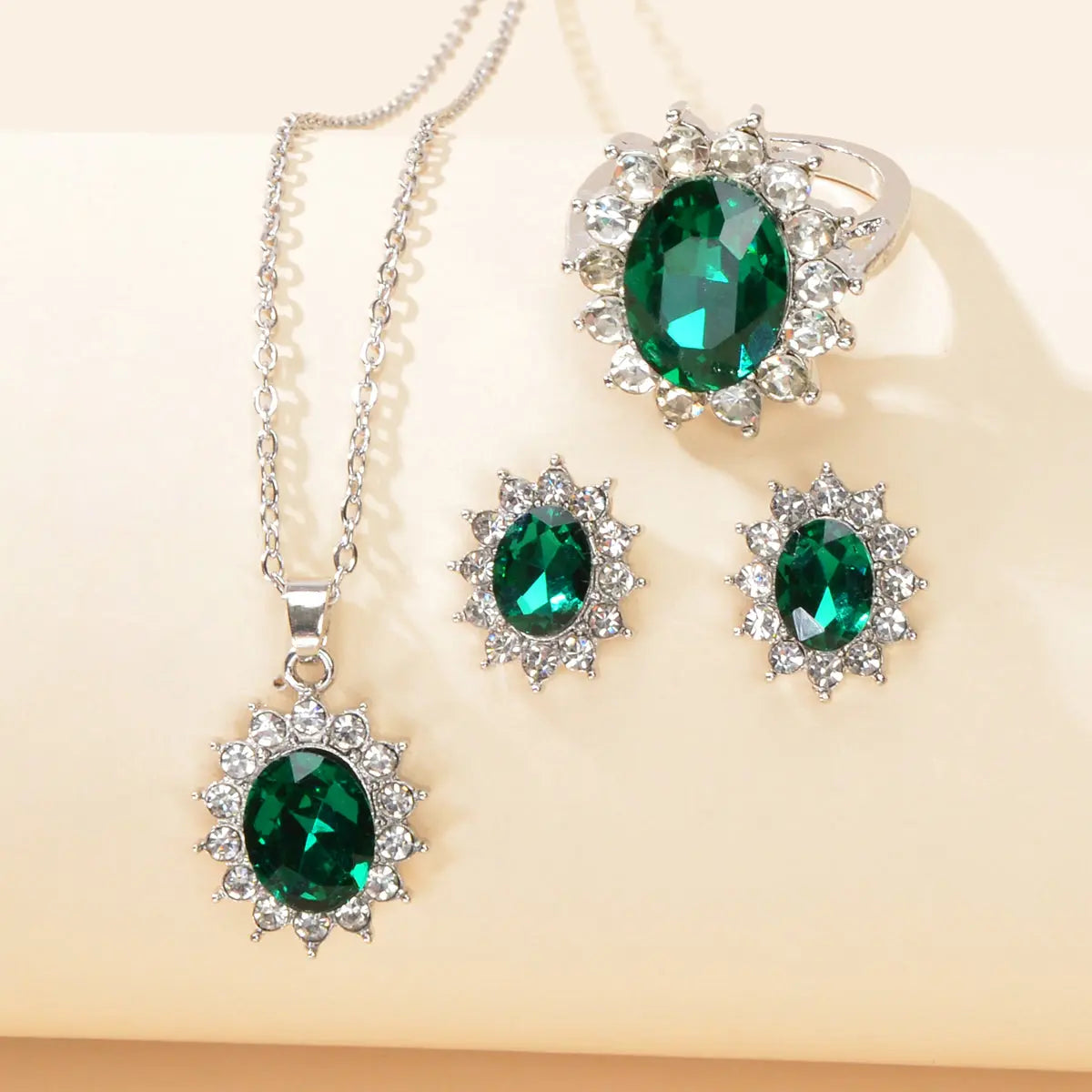 Crystal Flower Necklace Stud Earrings Finger Ring Luxury Wedding Jewellery Set Feelontop Jewellery