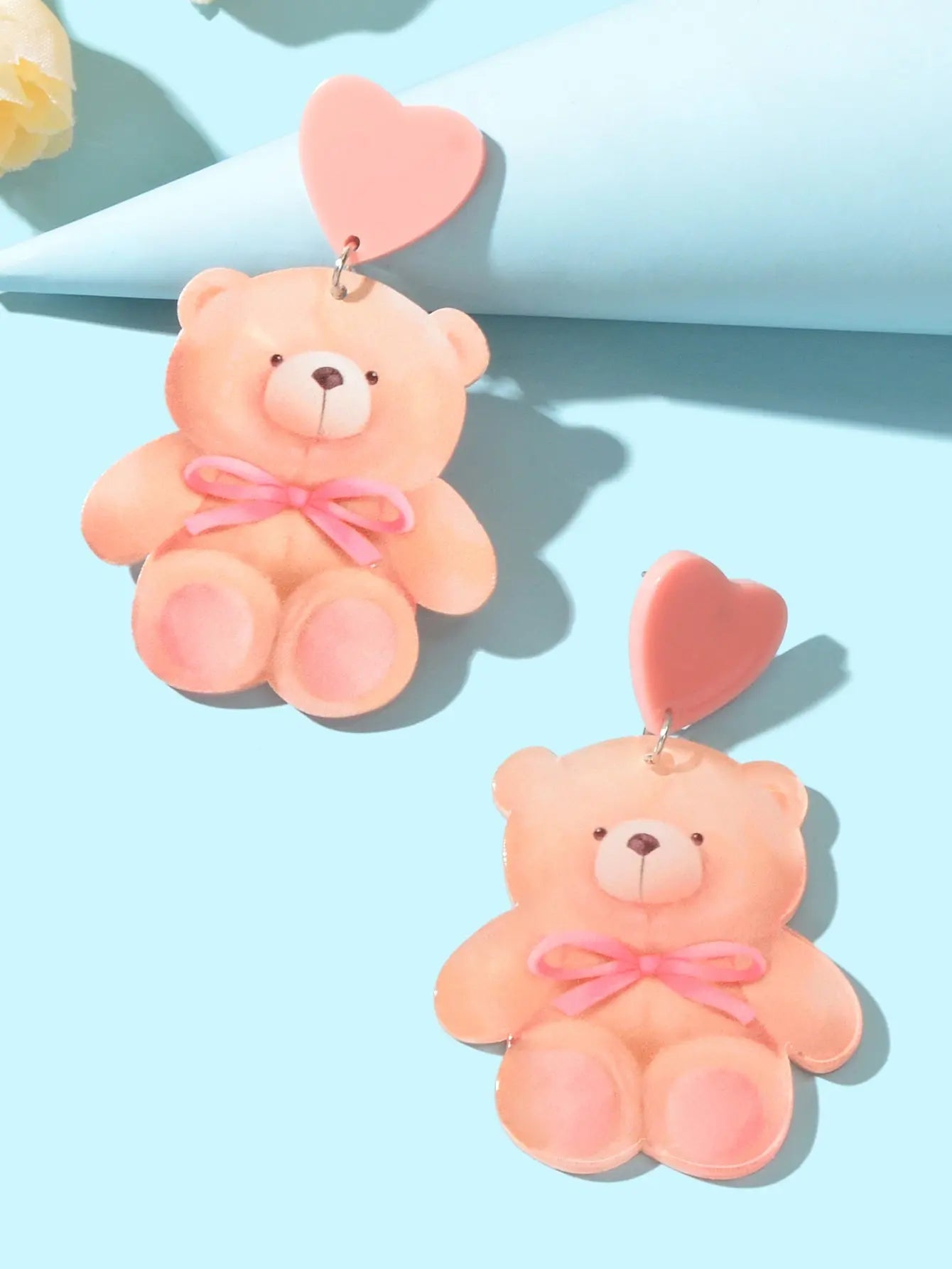 Super Sweet Pink Heart Bowknot Bear Acrylic Dangle Stud Earrings Birthday Gift Feelontop Jewellery