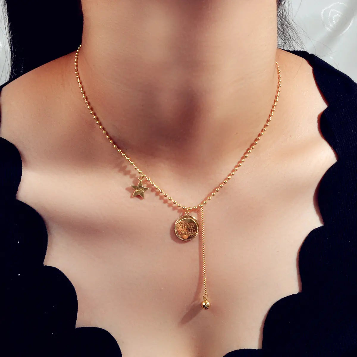 Dainty Party Jewellery Gold Popcorn Chain Luck Letter Star Round Charm Necklace Feelontop Jewellery