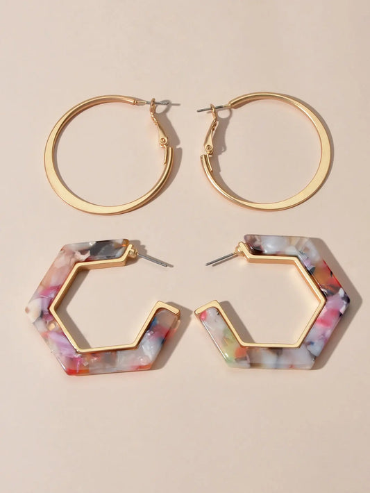 Boho Chic 2 pairs Multicolor Acrylic Square Circle Party Hoop Earrings set Gift Feelontop Jewellery