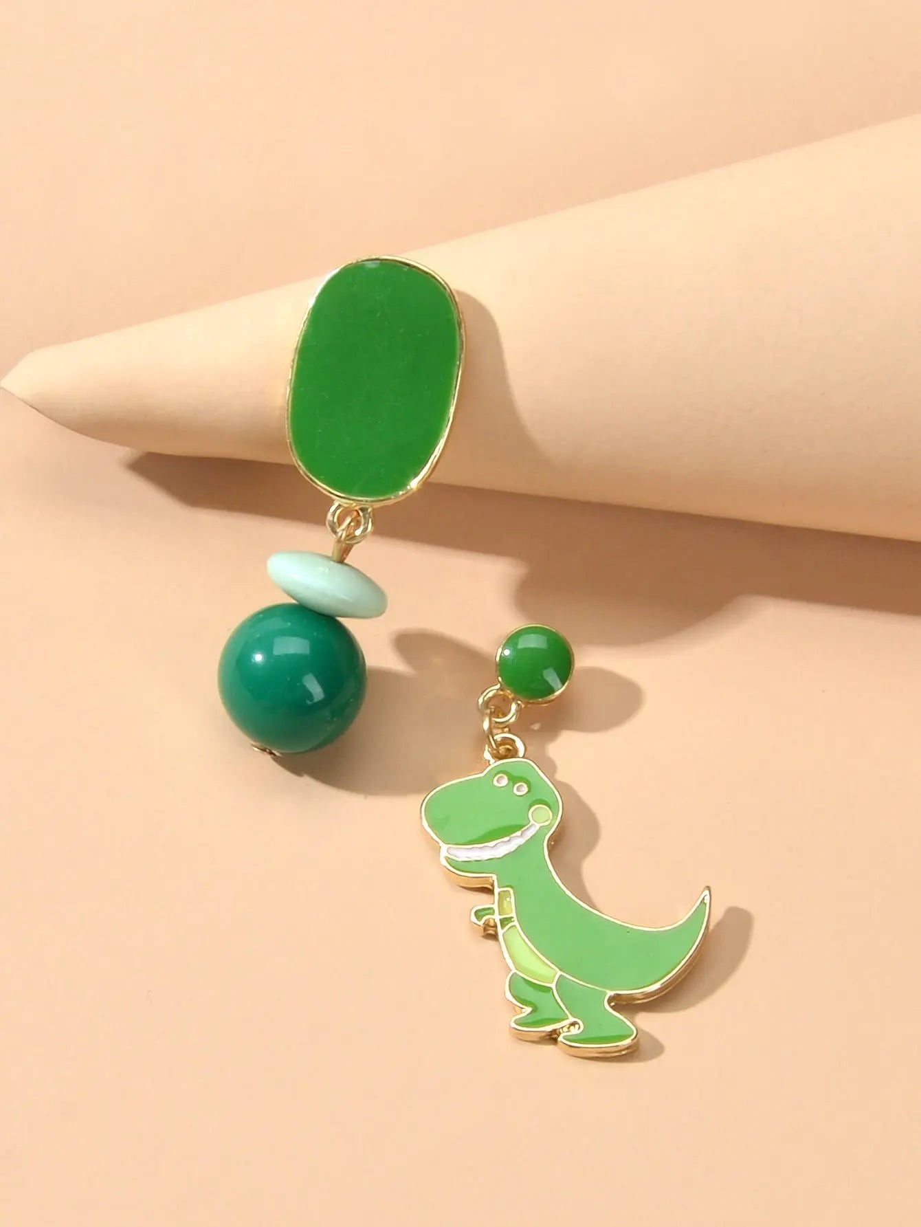 Asymmetrical Cartoon Design Green Beads Enamel Dinosaur Dangle Animal Earrings Feelontop Jewellery