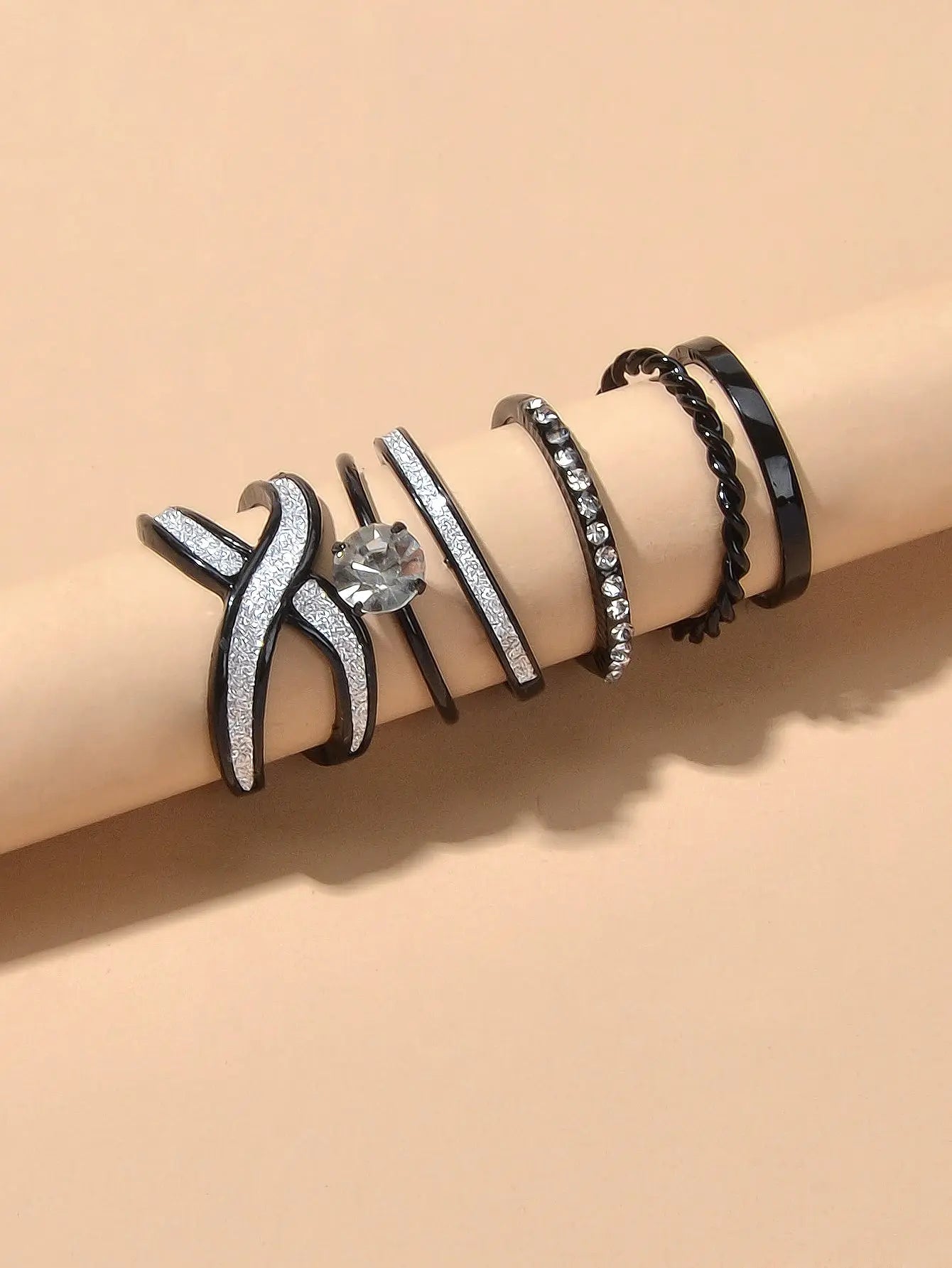 6pcs Stackable Rhinestone Black Midi Finger Knuckle Rings set Wedding Party Wear Feelontop Jewellery