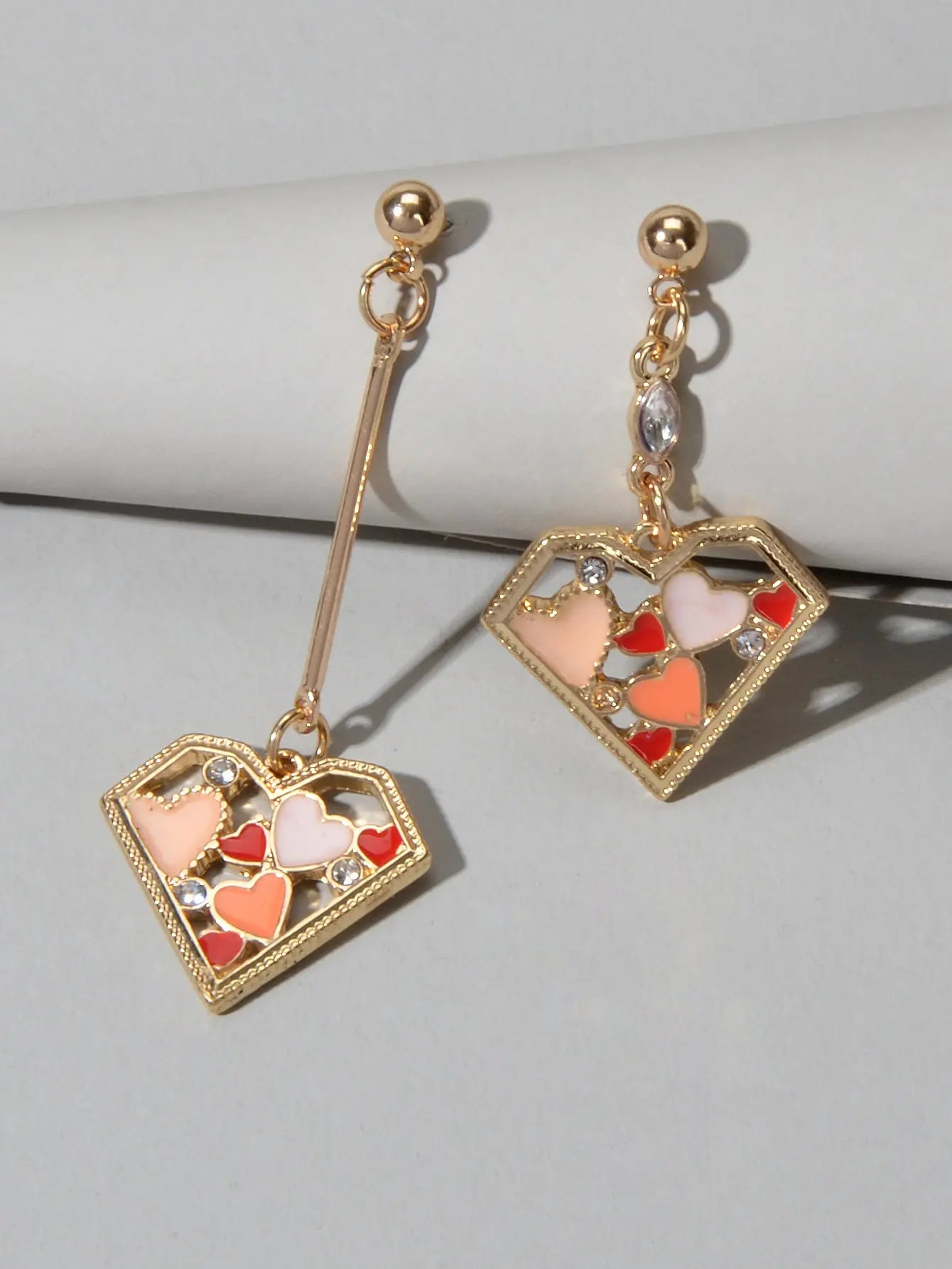Rhinestone Decor Multi-colored Heart Asymmetric Earrings Feelontop Jewellery