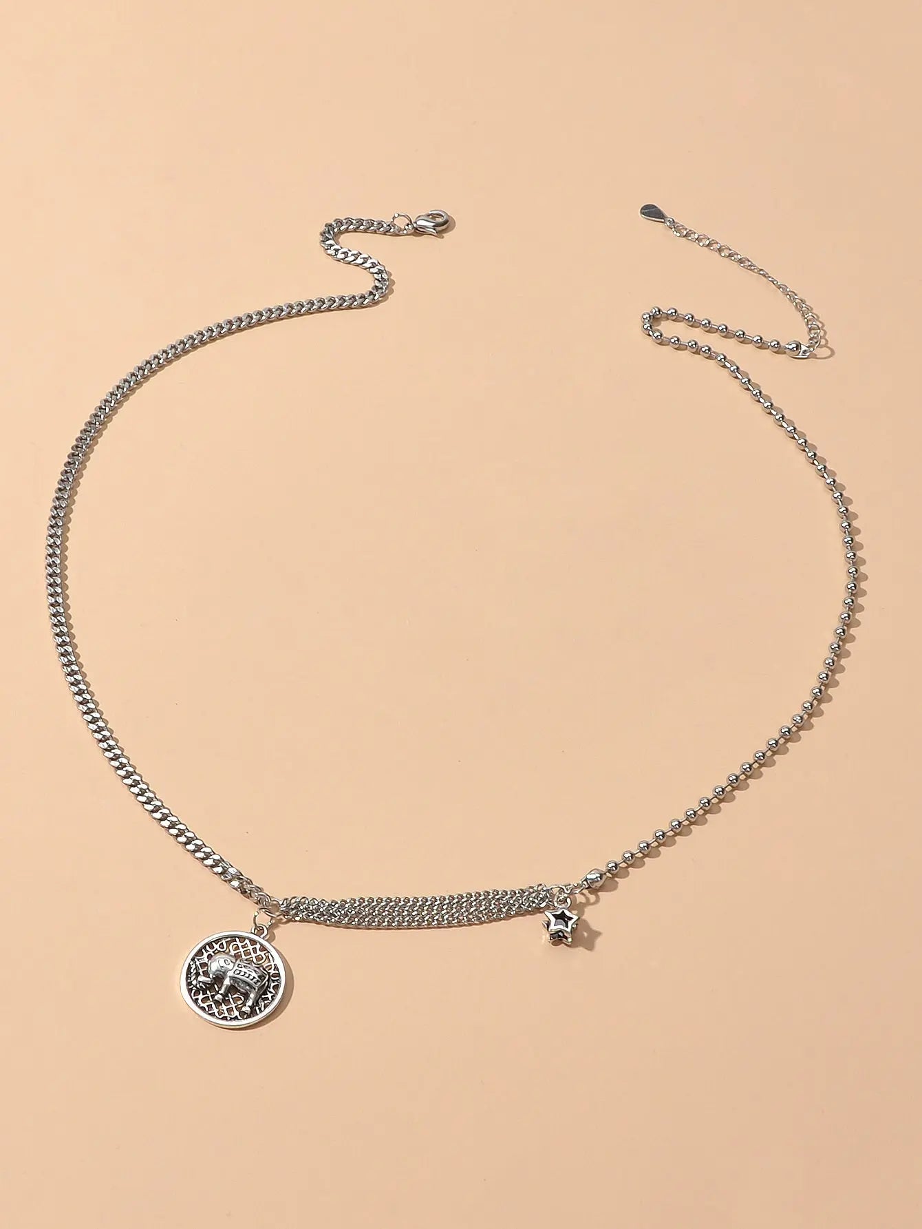 Intricate Antique Silver Multiple Chain Star Elephant Hollow Round Necklace Gift Feelontop Jewellery