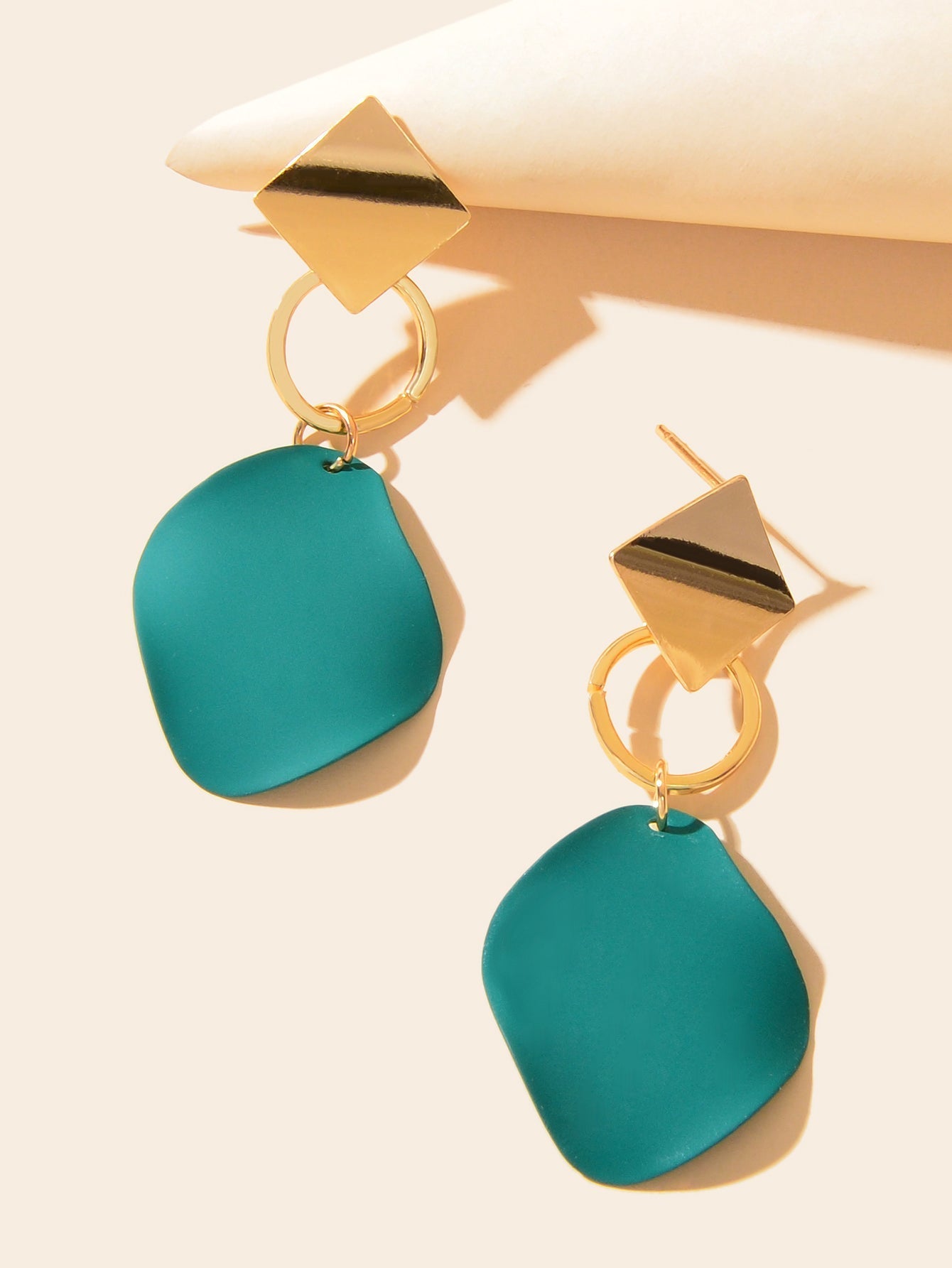 Elegant Gold Sqaure Circle Geometric Dark Green Charm Dangle Party Stud Earrings Feelontop Jewellery