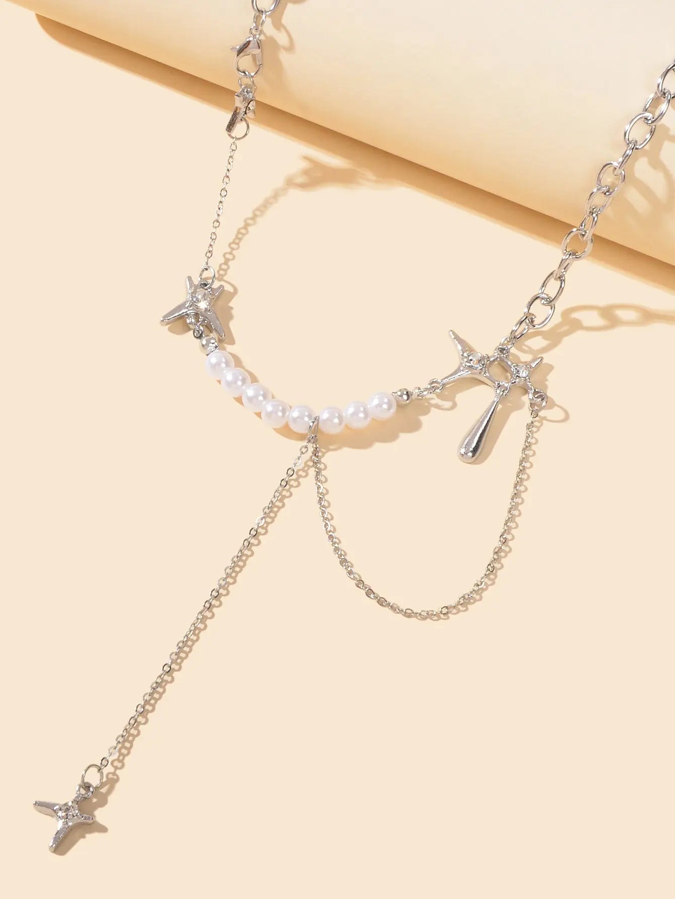 Multiple Silver Chain Star Charm Pearl Decoration Clavicle Necklace Costume Gift Feelontop Jewellery