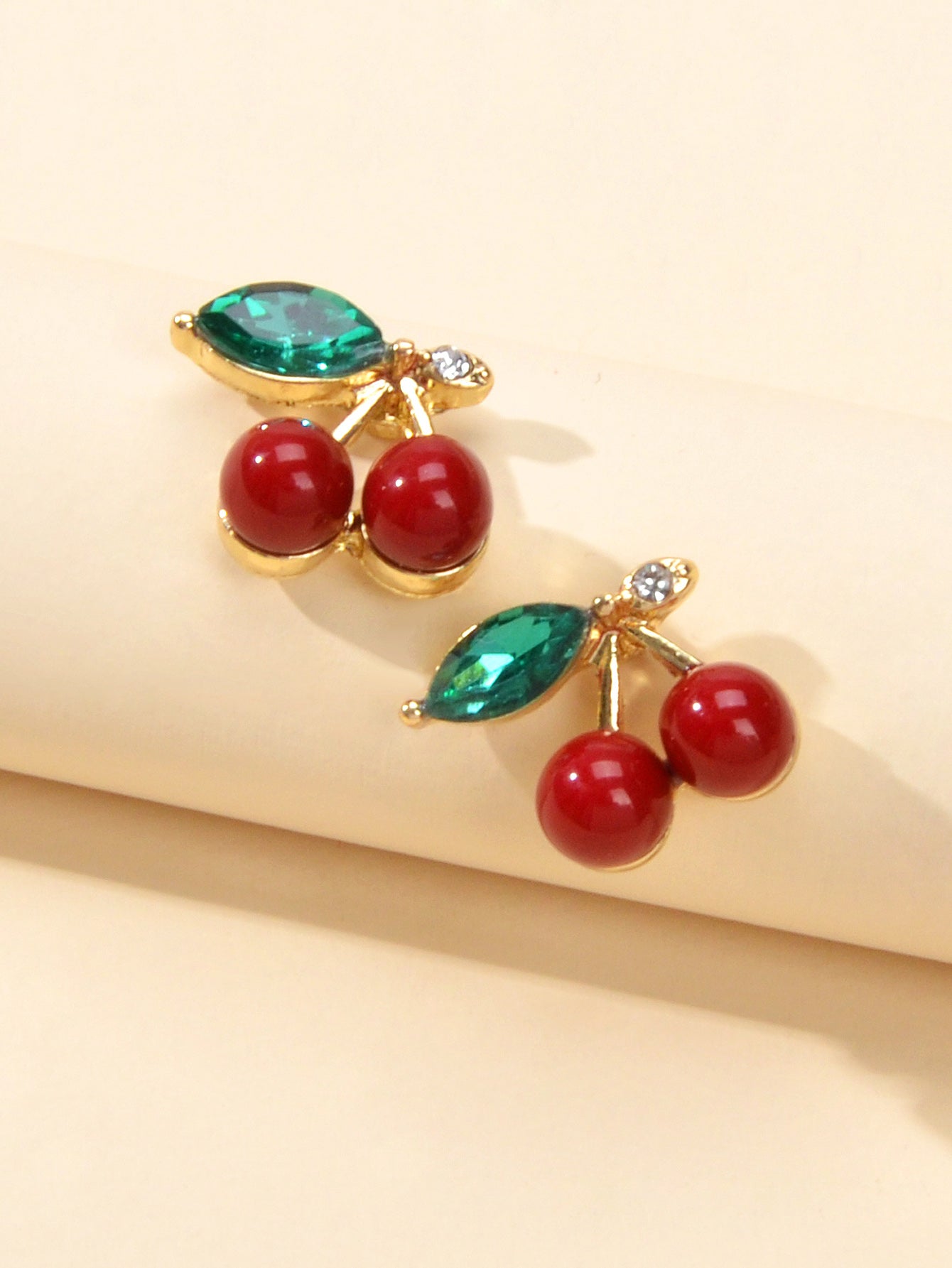 Lovely Fruit Jewellery Green Crystal Leaf Red Beads Stud Elegant Cherry Earrings Feelontop Jewellery
