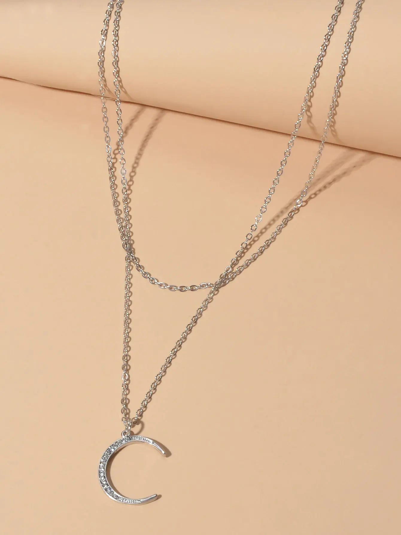 Women Accessories Double layer Chain with Rhinestone Moon Charm Trendy Necklace Feelontop Jewellery