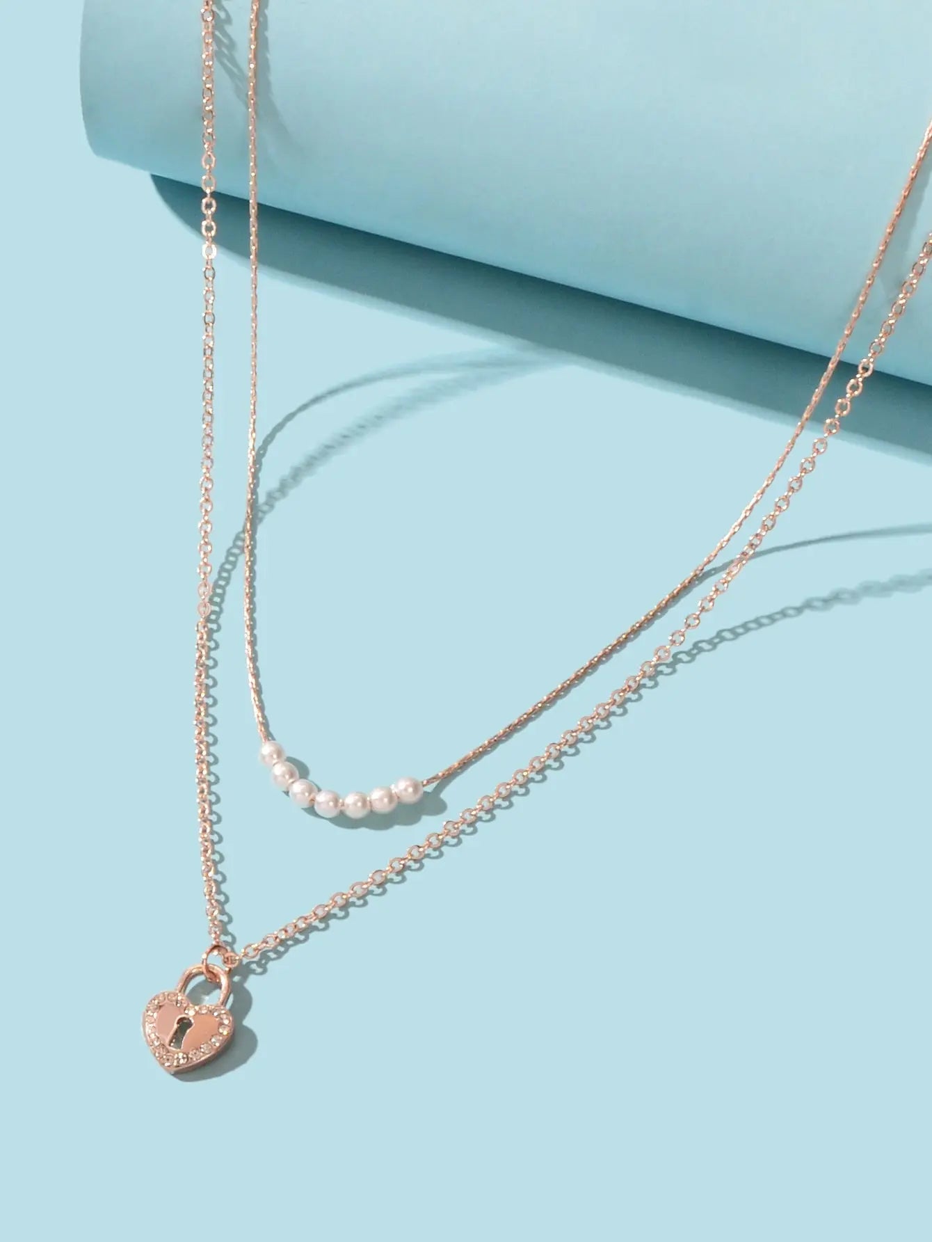Double Layer Rose Gold Chain String Pearl Heart Lock Pendant Necklace Girlfriend Feelontop Jewellery